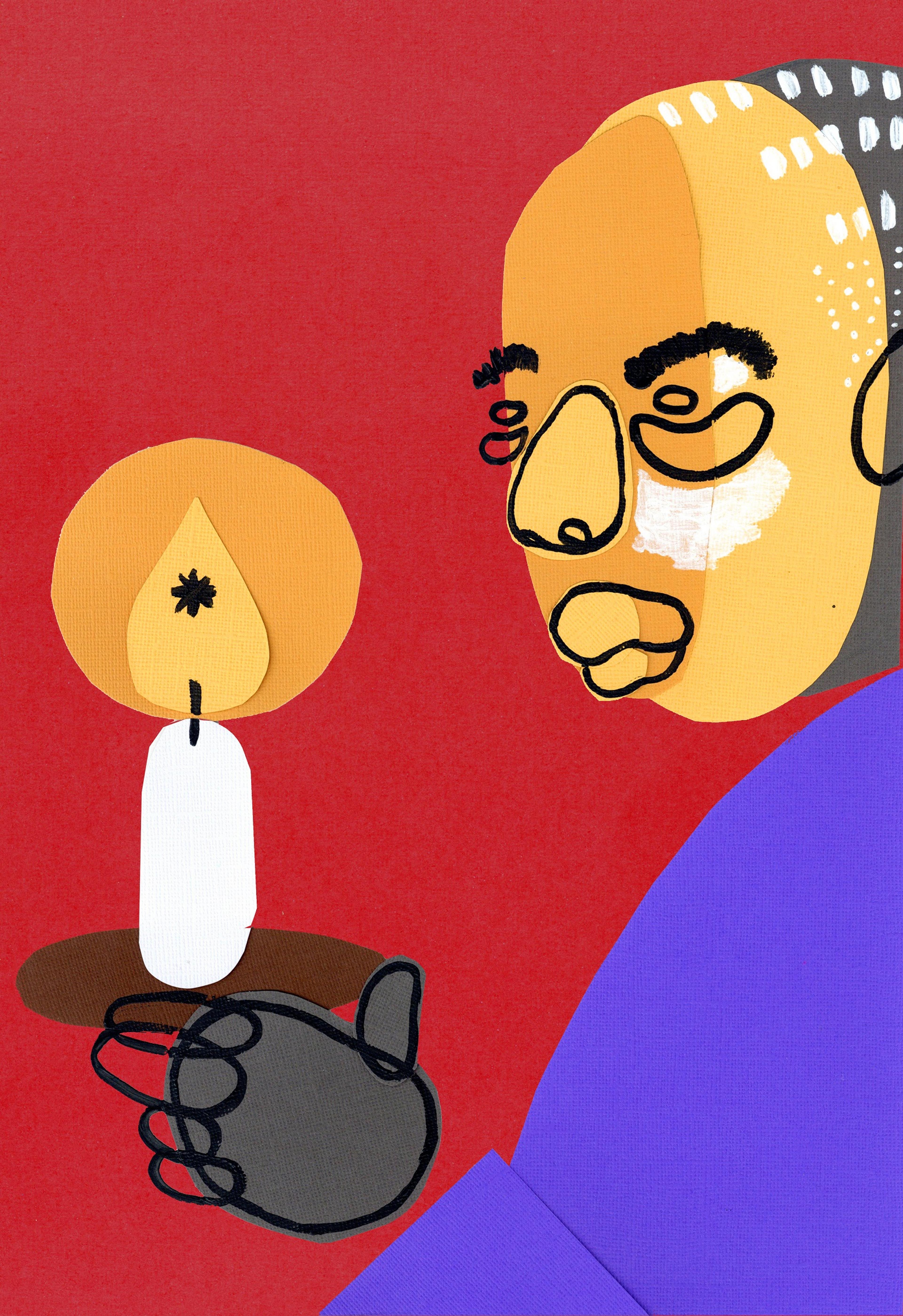 Illustration of a person holding a candle on a red background