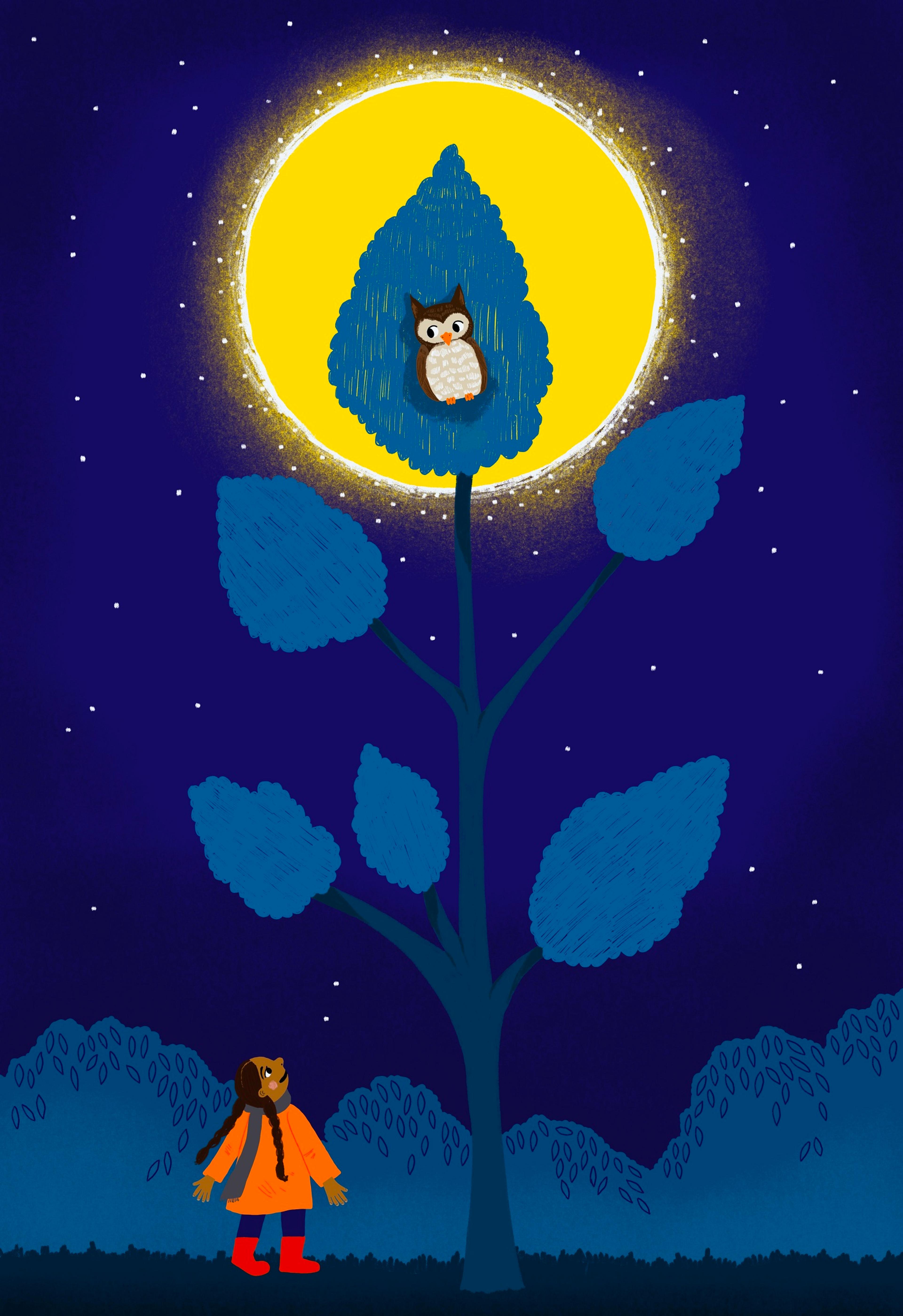 Illustration of a child looking up at an owl in a tree, silhouetted by the moon
