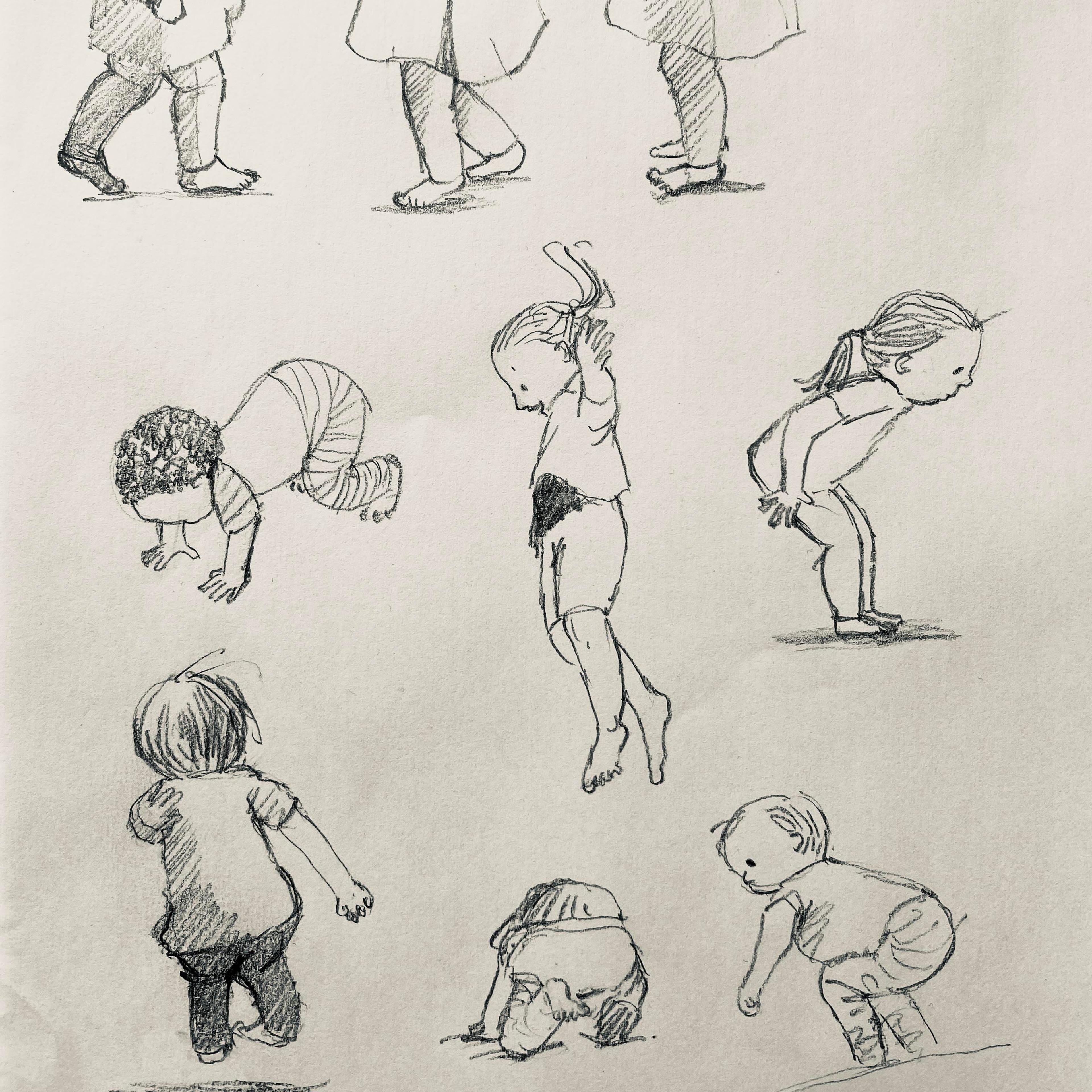 Pencil illustrations of work in progress drawings of children jumping.
