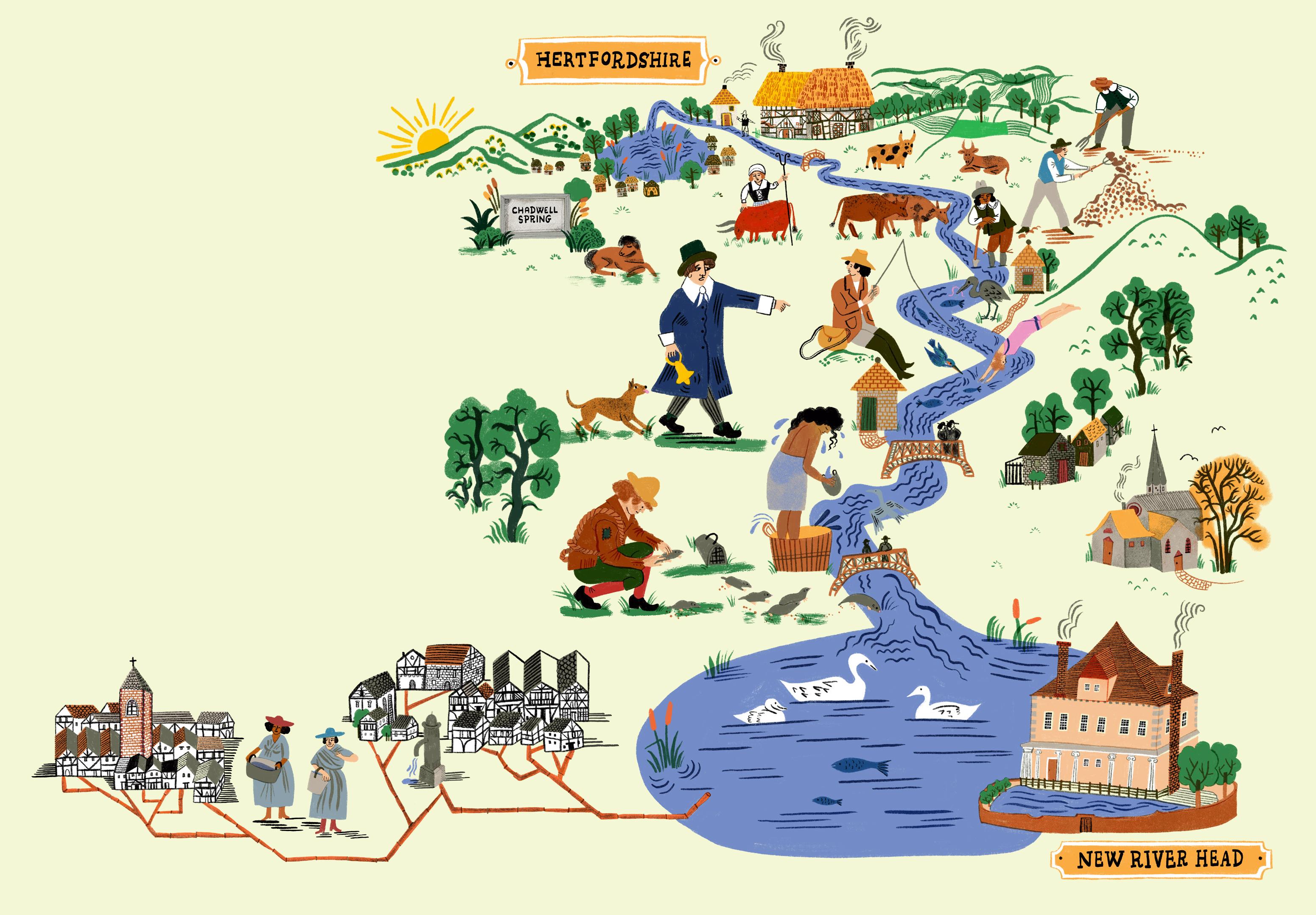 Illustration of a winding blue river running vertically to a pool at the bottom with pipes running long the bottom to houses. Along the banks of the river are trees, farm animals and people doing different activities, including washing, fishing and catching moles. At the top is a sign saying "Hertfordshire" and at the bottom is a sign saying "New River Head".