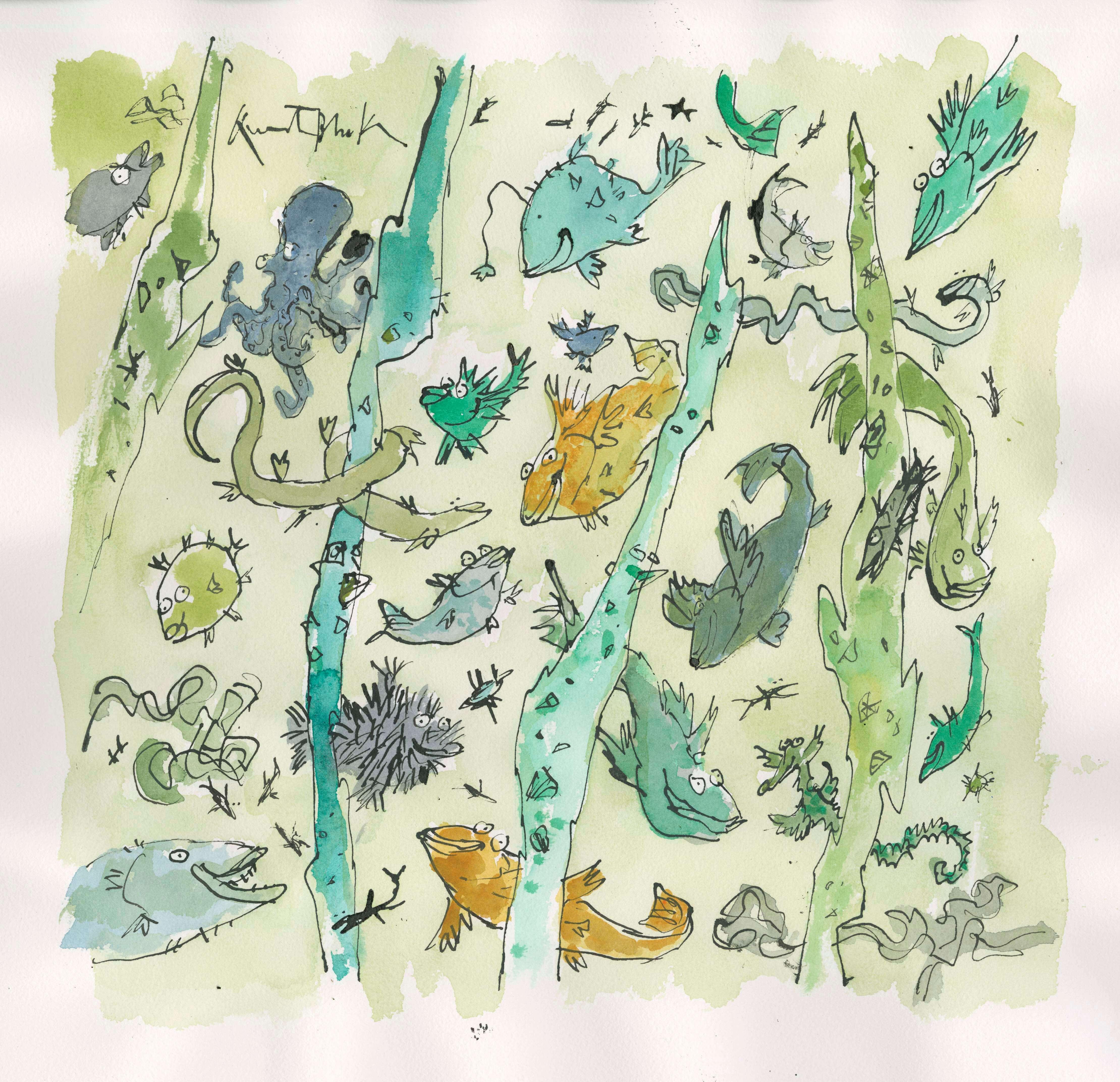 A variety of sea creatures with funny expressions, painted in shades of green and yellow.