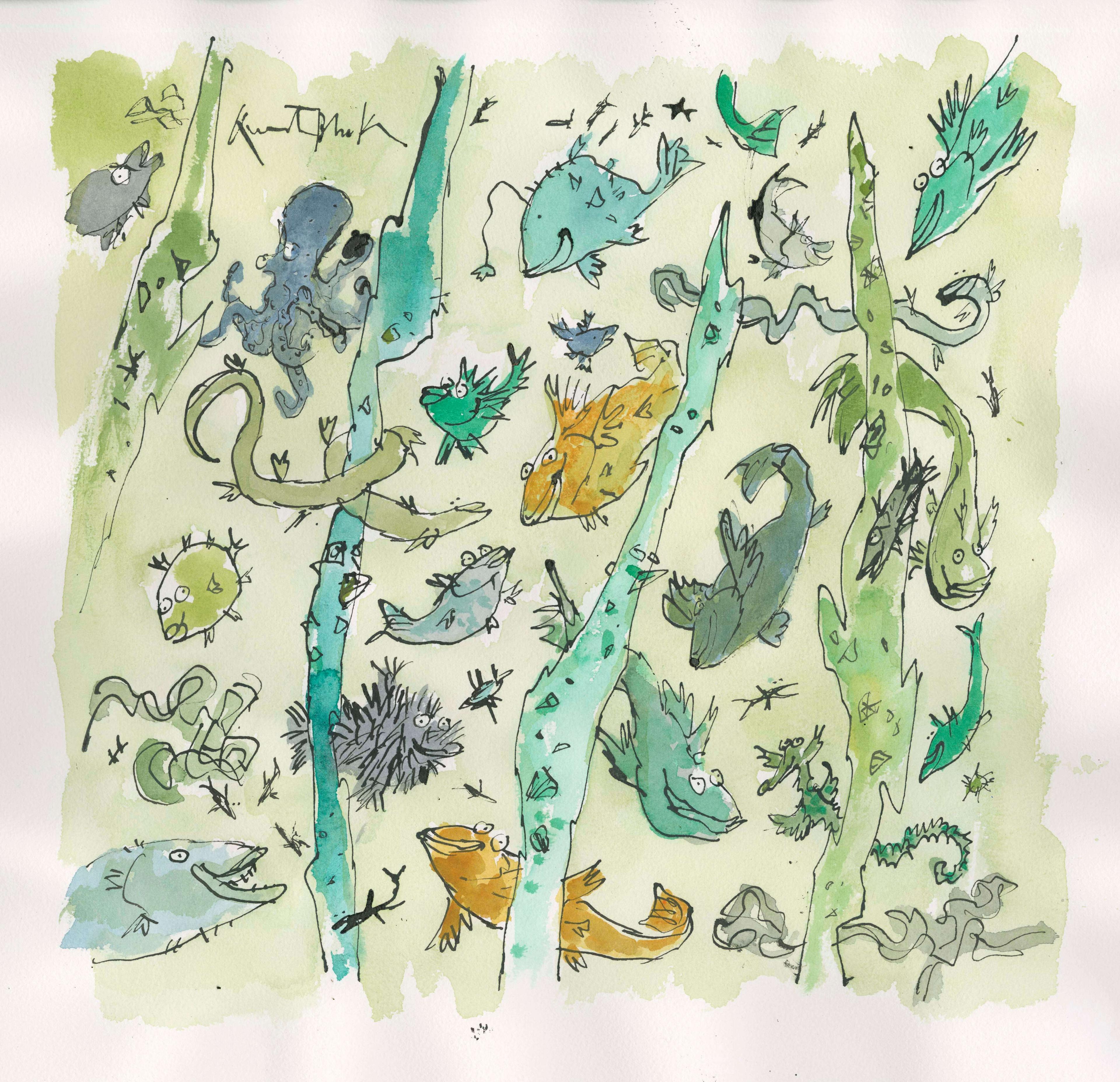 A variety of sea creatures with funny expressions, painted in shades of green and yellow.