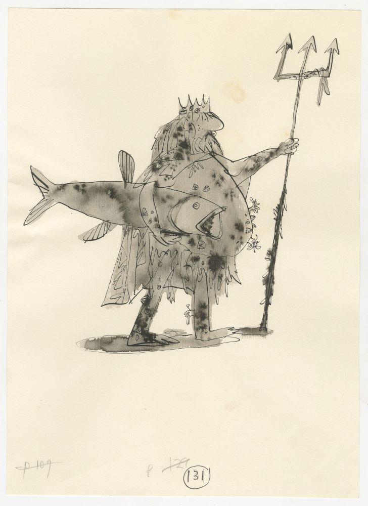 A large, shabbily dressed man wearing a crown and holding a fish under one arm and a trident in the other hand. 