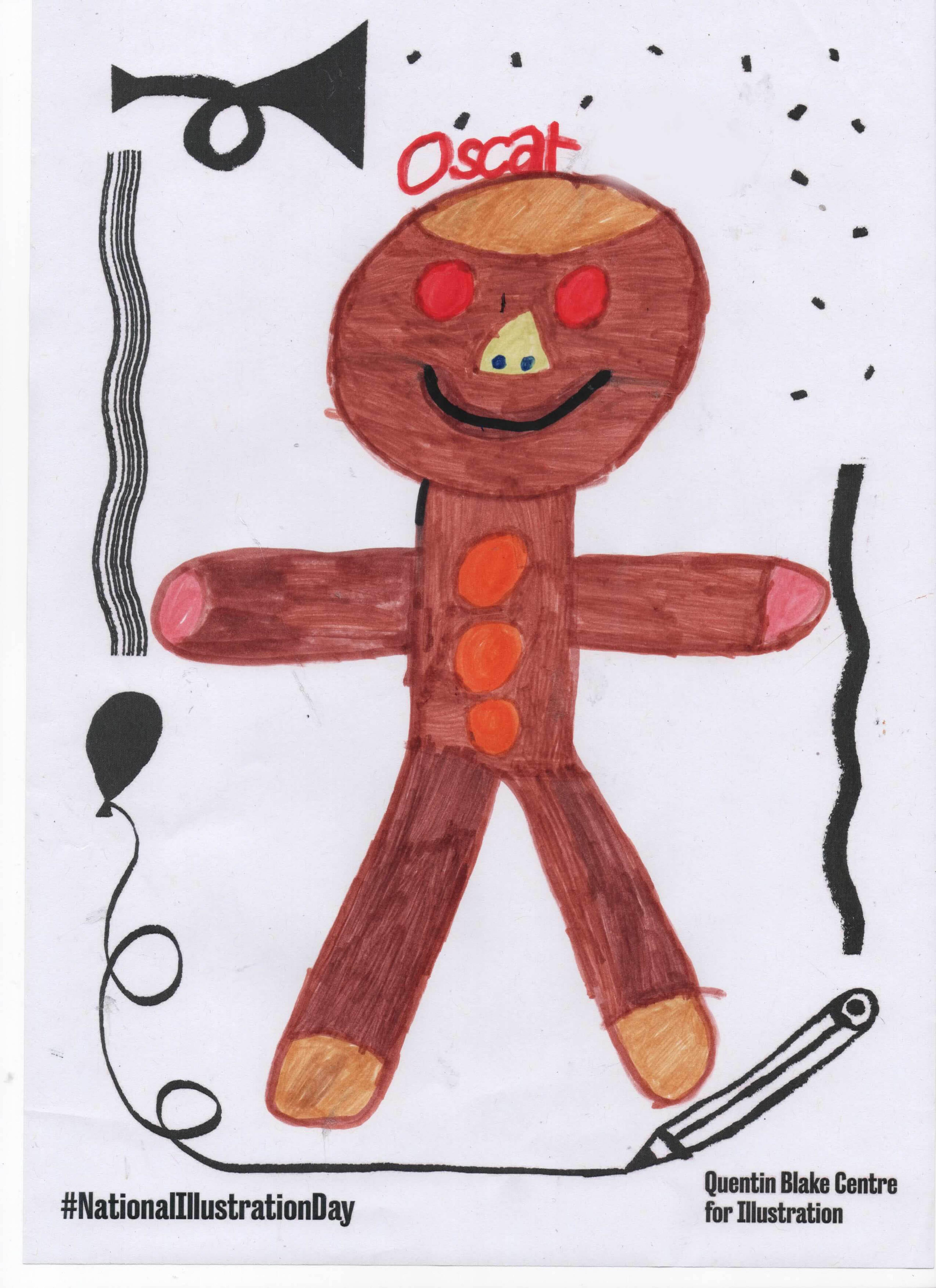 A full-coloured drawing of a smiling gingerbread man with big red eyes. 