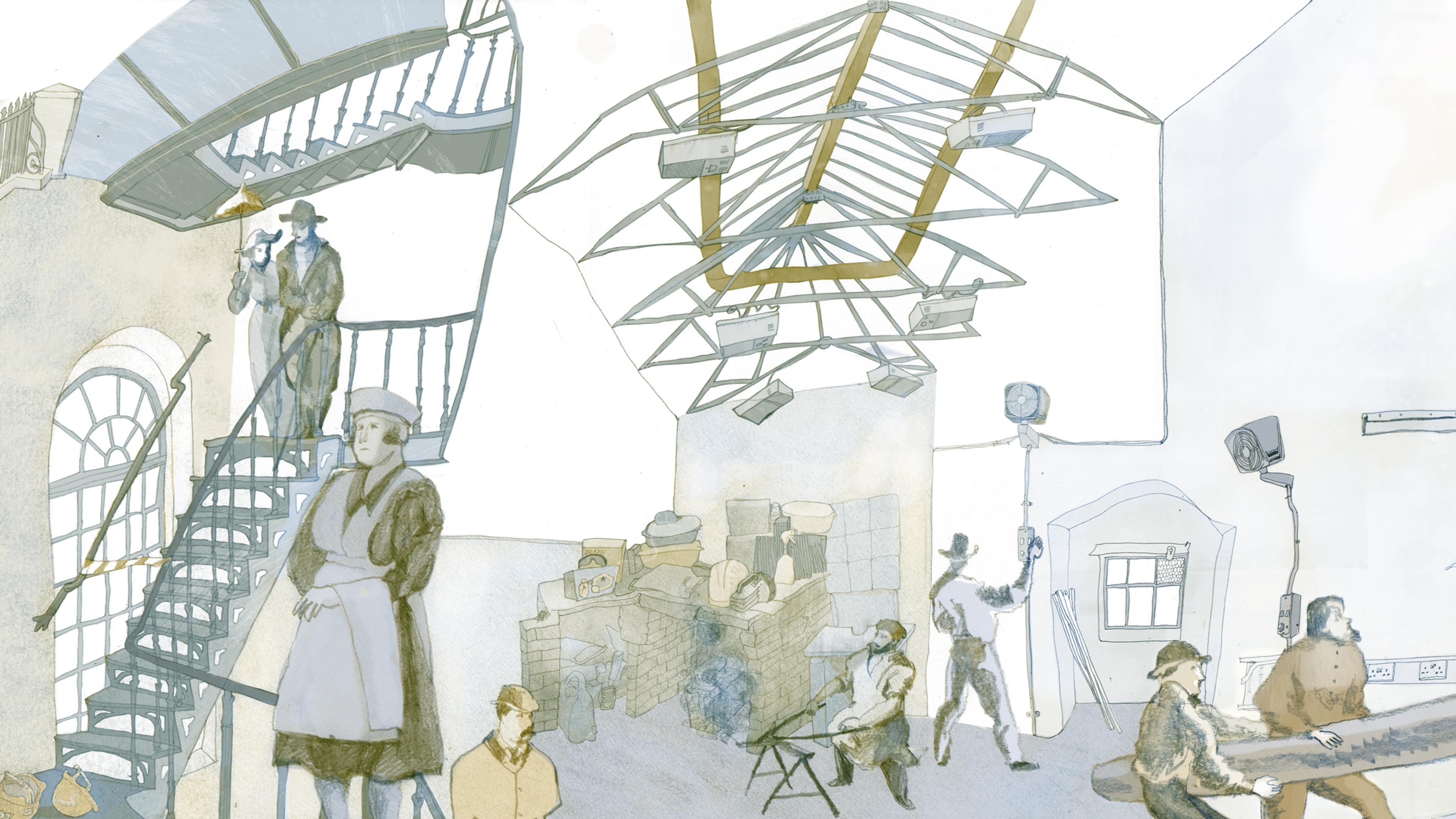 Illustration of industrial interior with people working wearing clothes from different eras