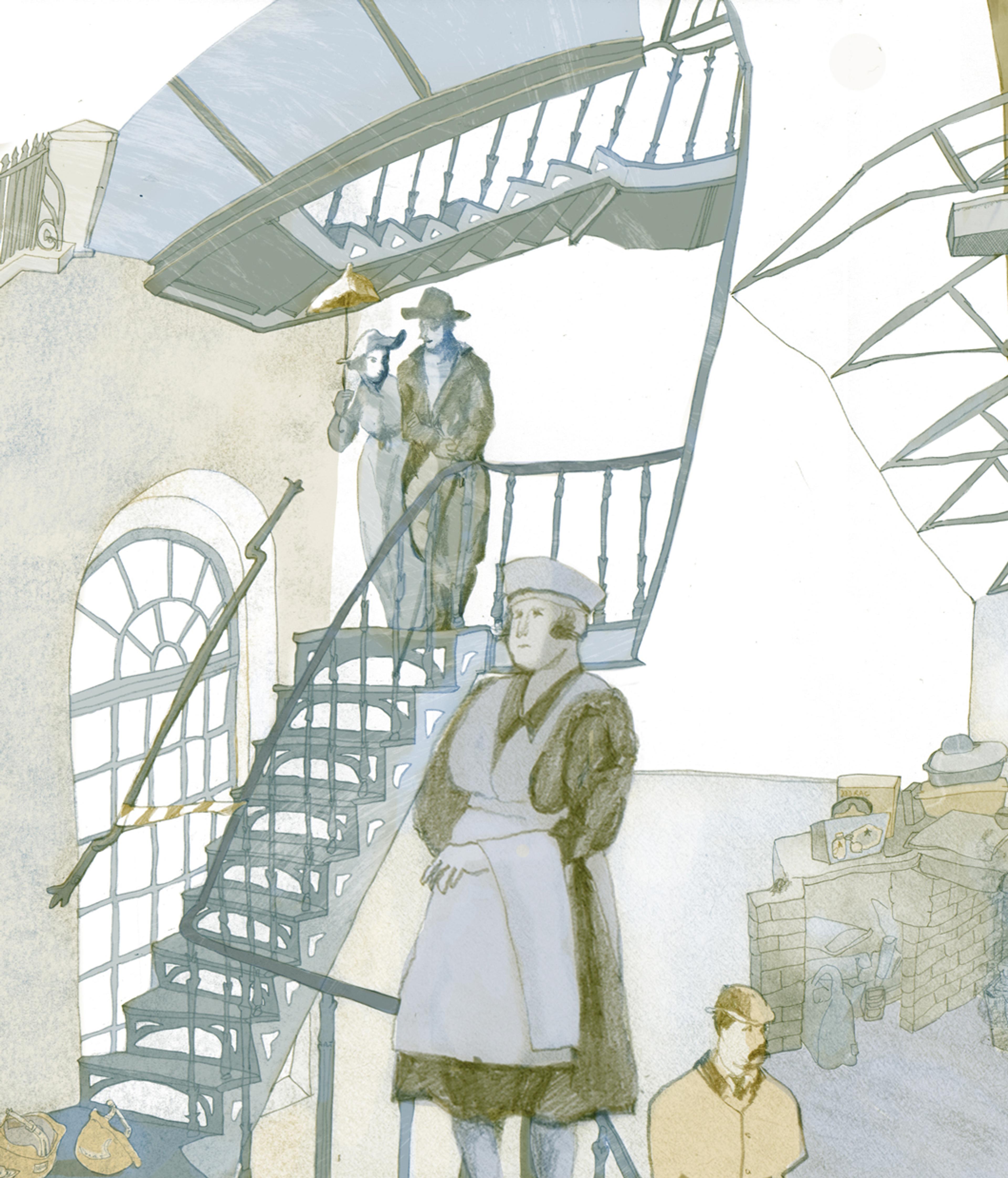 Illustration of industrial interior with people working wearing clothes from different eras