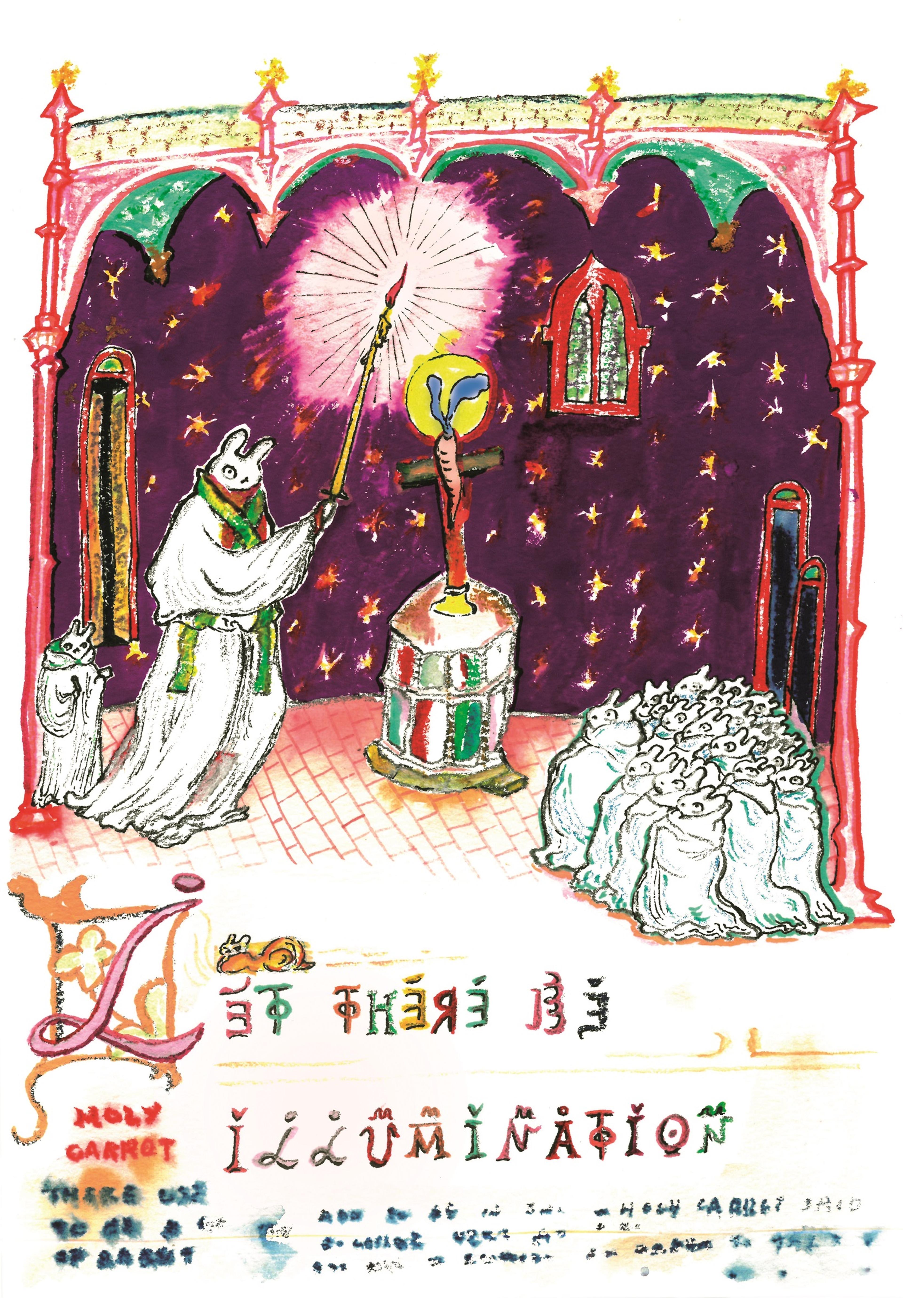 Illustration of rabbits in vestments watching a candle be illuminated