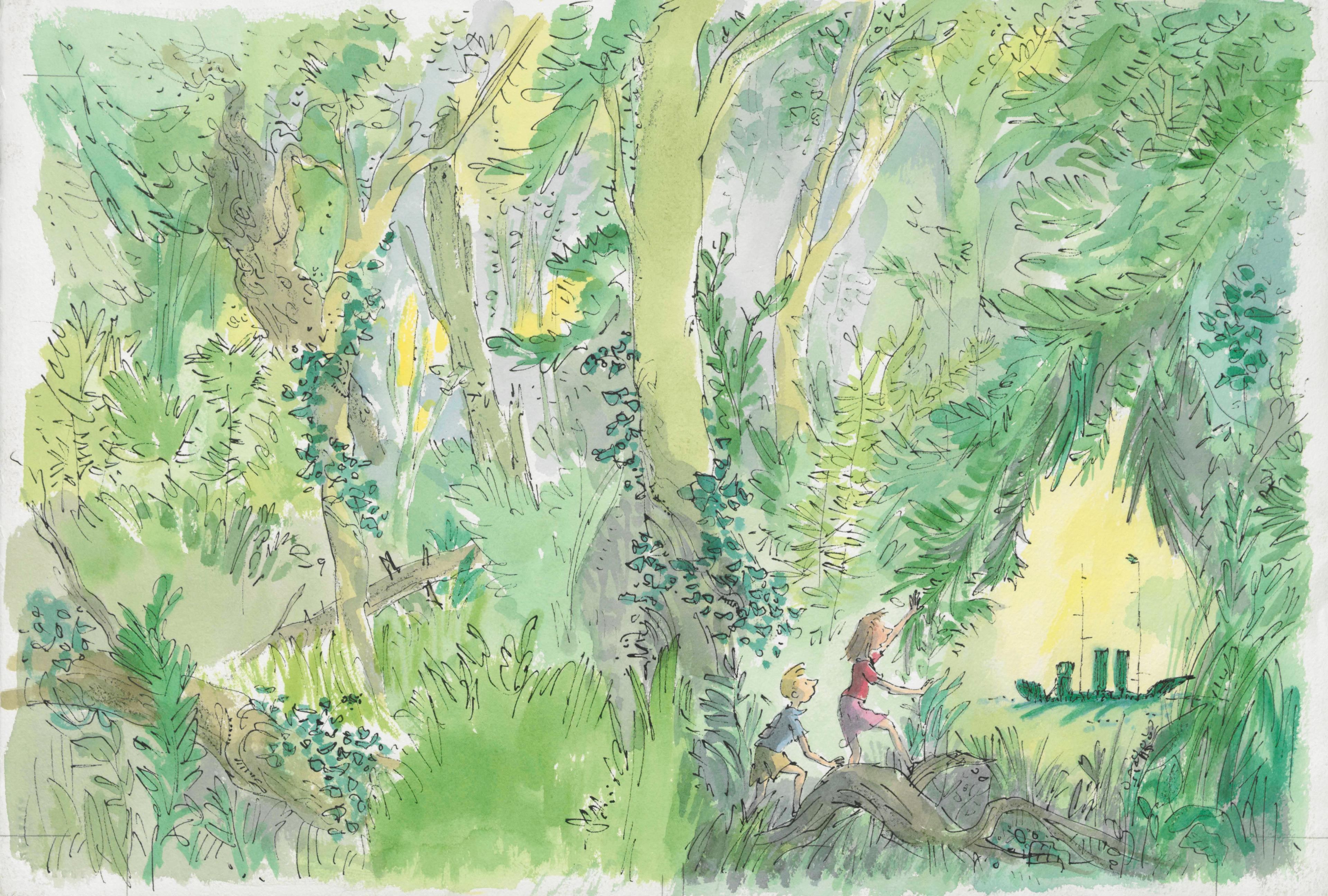 Illustration of a busy landscape full of trees, bushes, leaves, and vines, with two children standing on a tree trunk to the left of a circular opening in the vegetation. The child on the right is holding back some branches and they are both looking into the opening where you can see in the distance is a silhouette of a green ship.