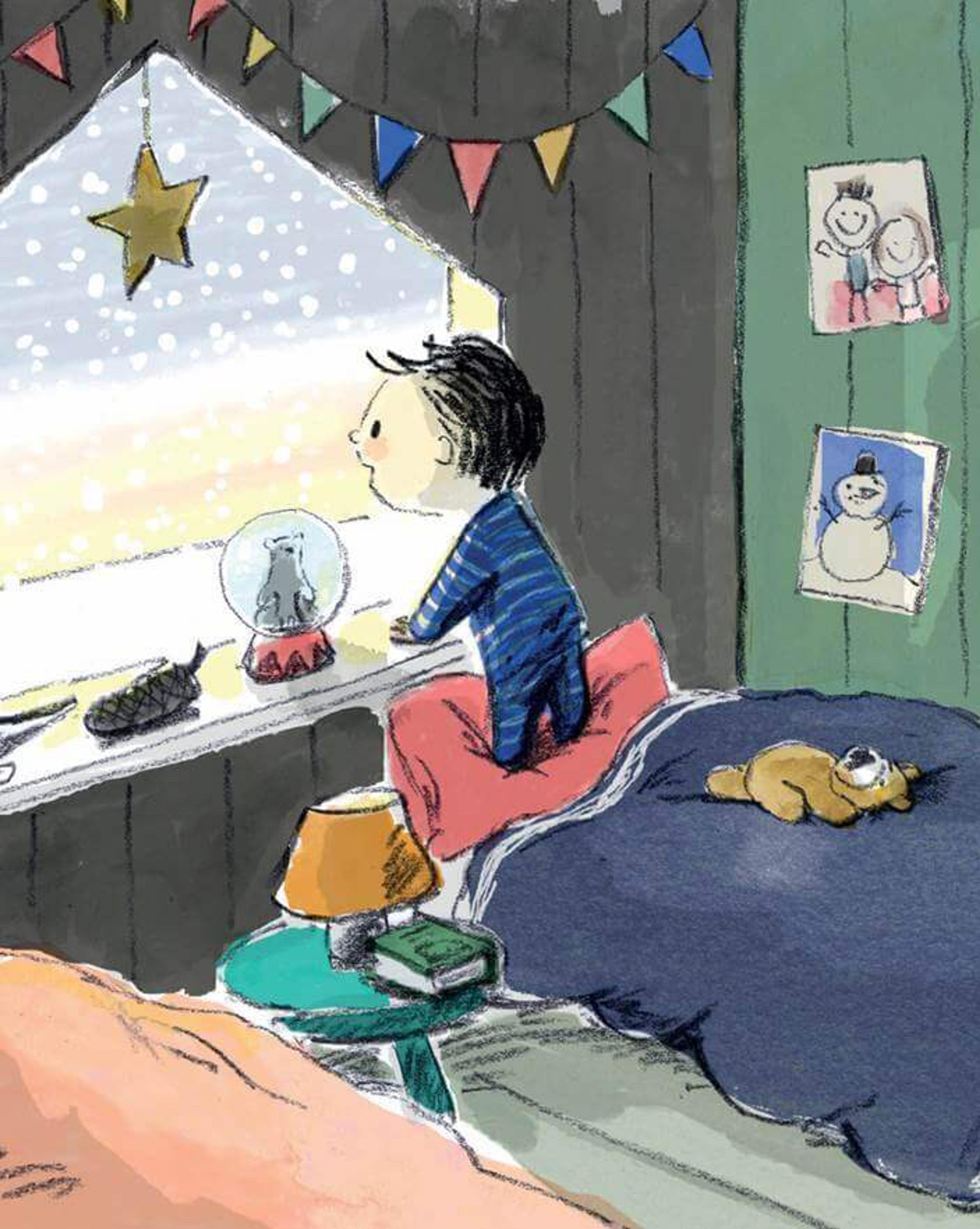 Illustration of a children looking out the window to snowy day.