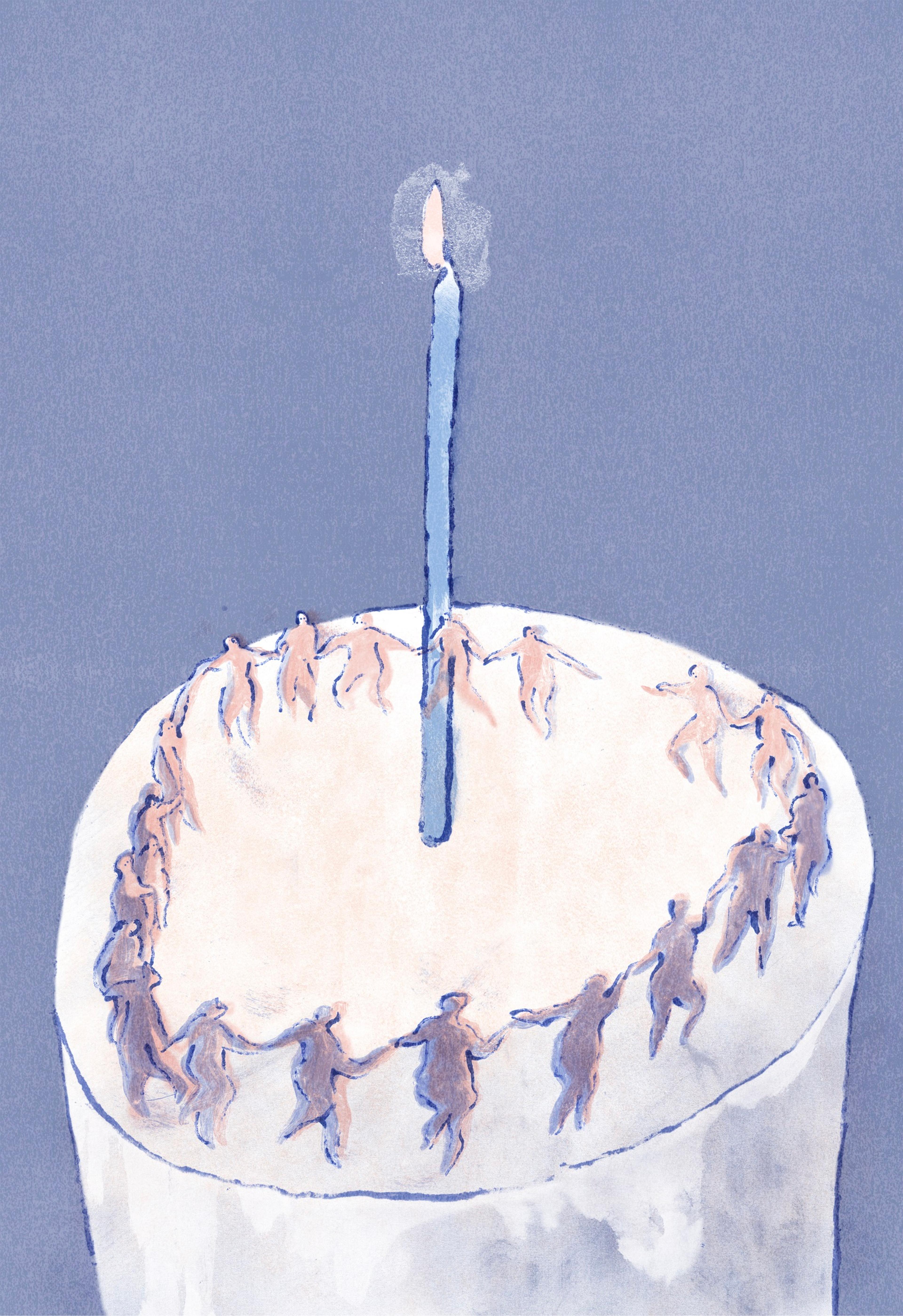 Illustration of people dancing around a candle on top of a birthday cake
