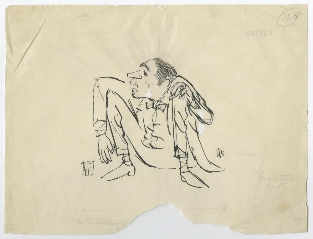 A line drawing of Olivier squatting on the ground wearing a suit and bow-tie. He has an exasperated expression.