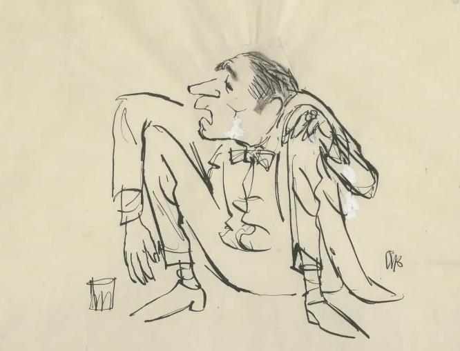 A line drawing of Olivier squatting on the ground wearing a suit and bow-tie. He has an exasperated expression.
