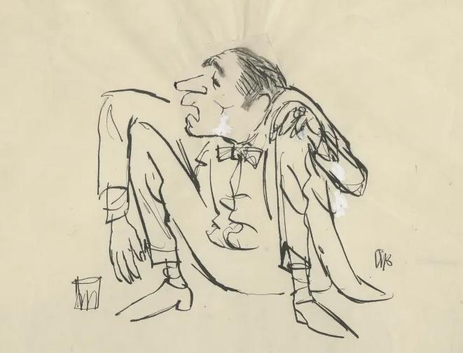 A line drawing of Olivier squatting on the ground wearing a suit and bow-tie. He has an exasperated expression.