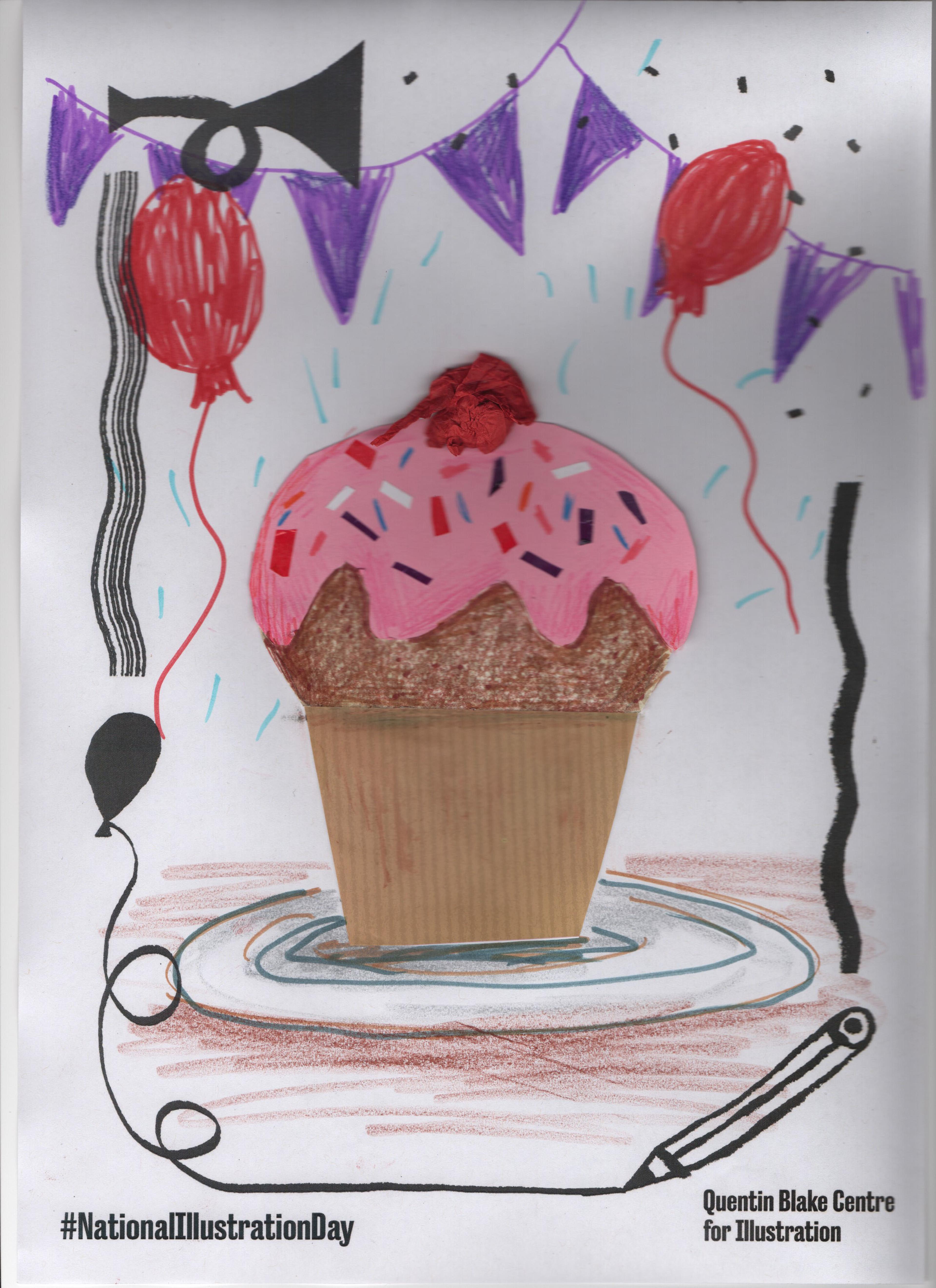 Illustration of one cupcake with a cherry on top surrounded by balloons and bunting.