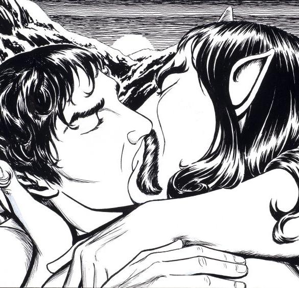 A black and white image of two men kissing in a comic book style.