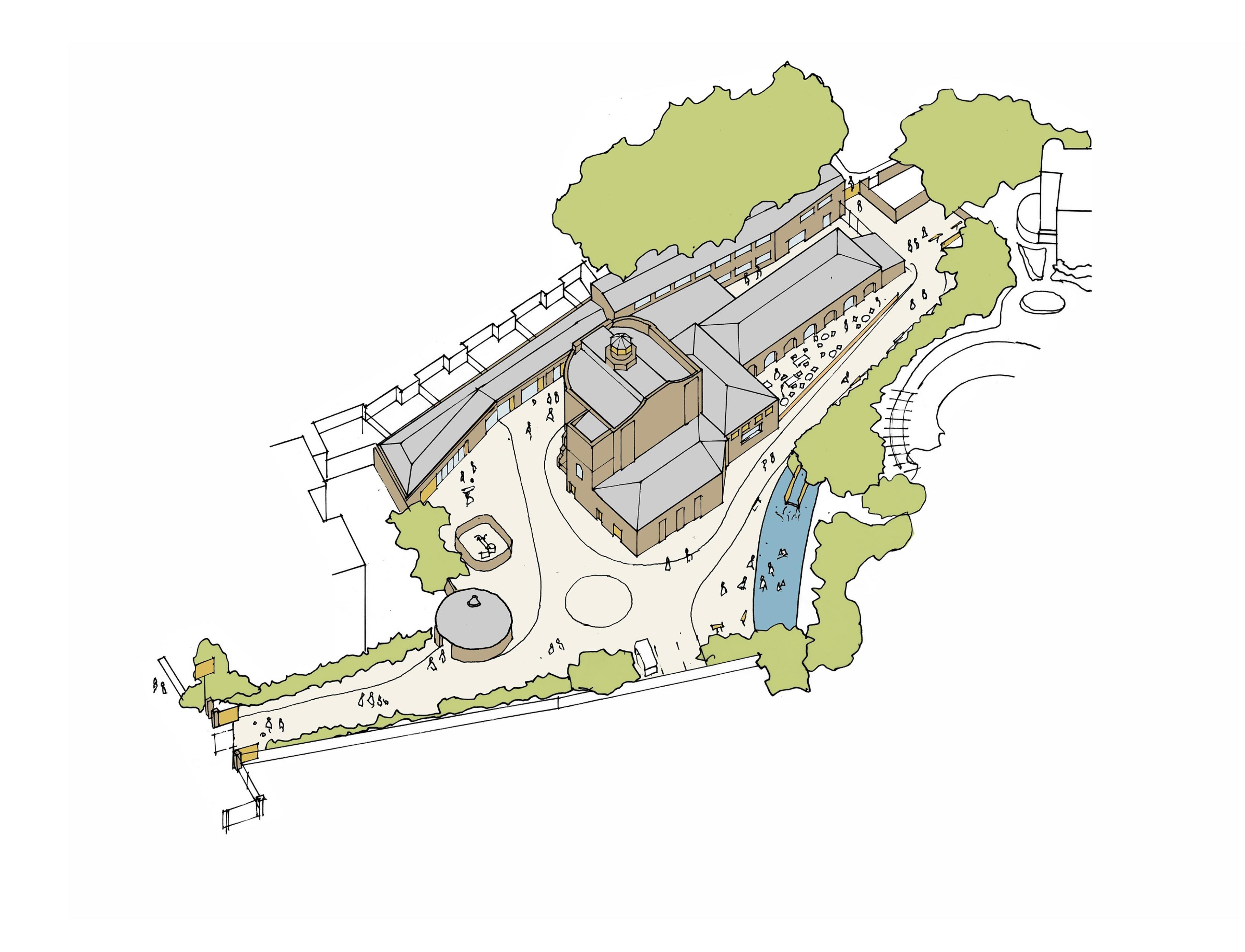 Drawing of heritage site seen from above, surrounded by pond and greenery