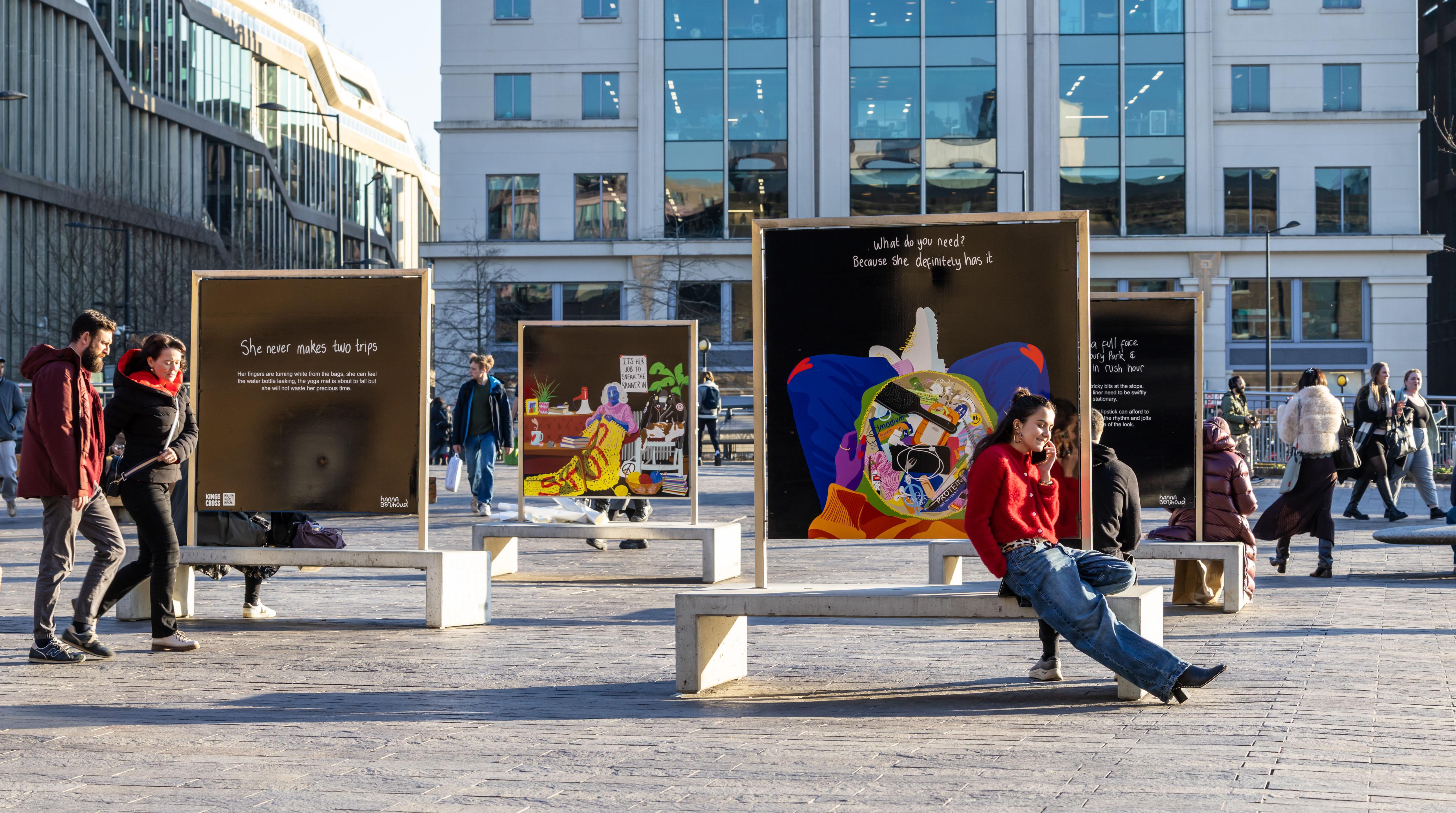 Panels with illustration and text sit in a busy cityscape.