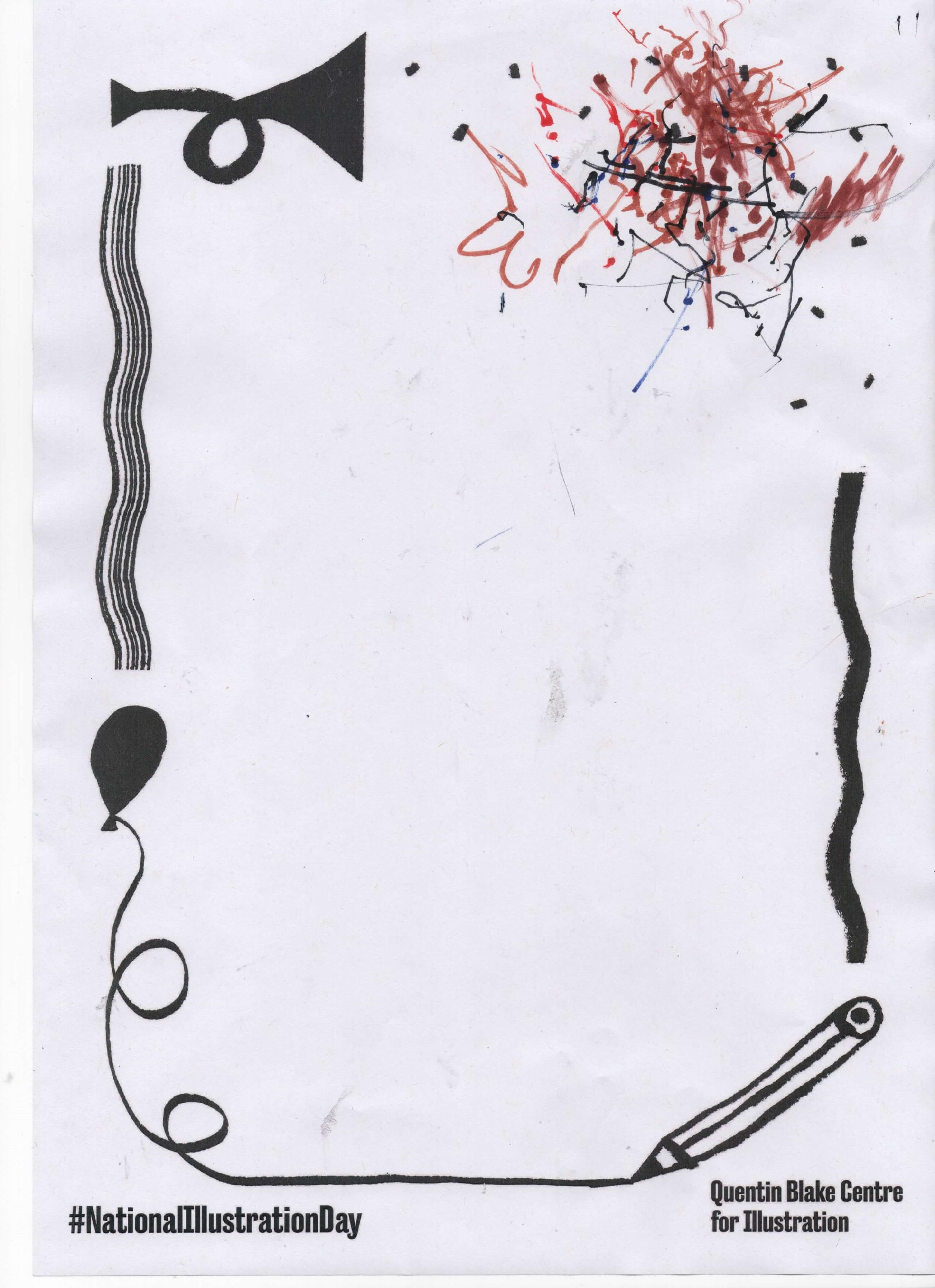 A mass of brown marker squiggles on the top right-hand side of a sheet of paper. 