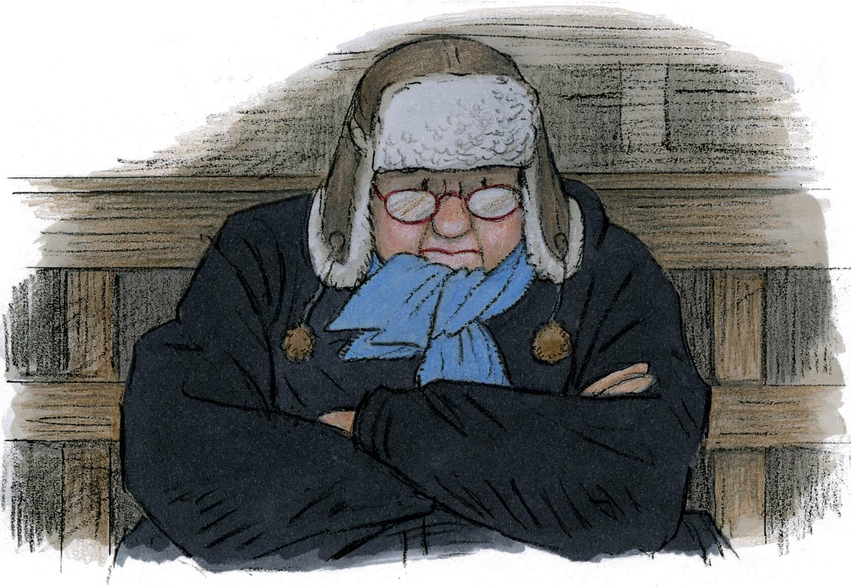Illustration of an older woman dressed in warm clothes hugging herself to suggest she's out in the cold