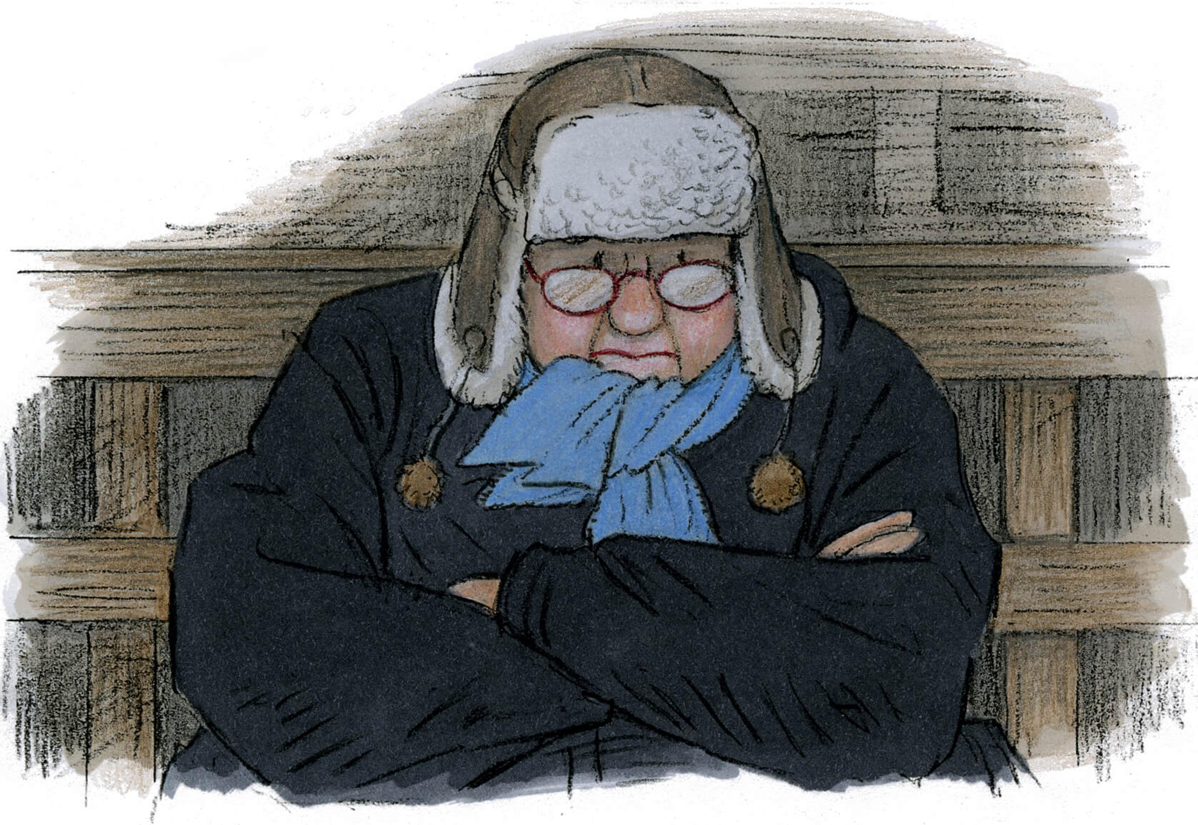 Illustration of an older woman dressed in warm clothes hugging herself to suggest she's out in the cold