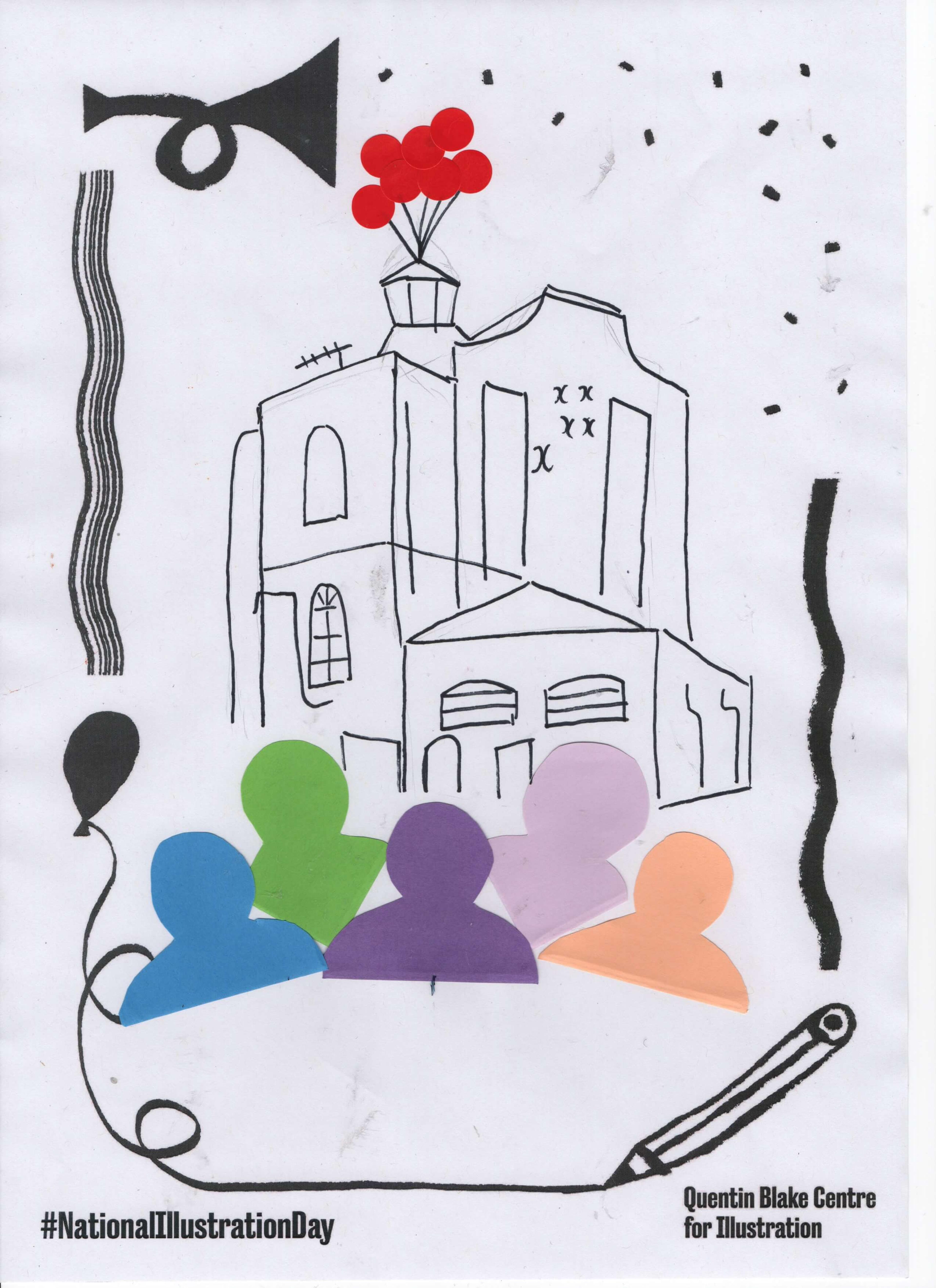 Colourful cut-out silhouettes of people looking at an line drawing of a building (our future site in New River Head), depicted with red balloons emerging from the chimney.