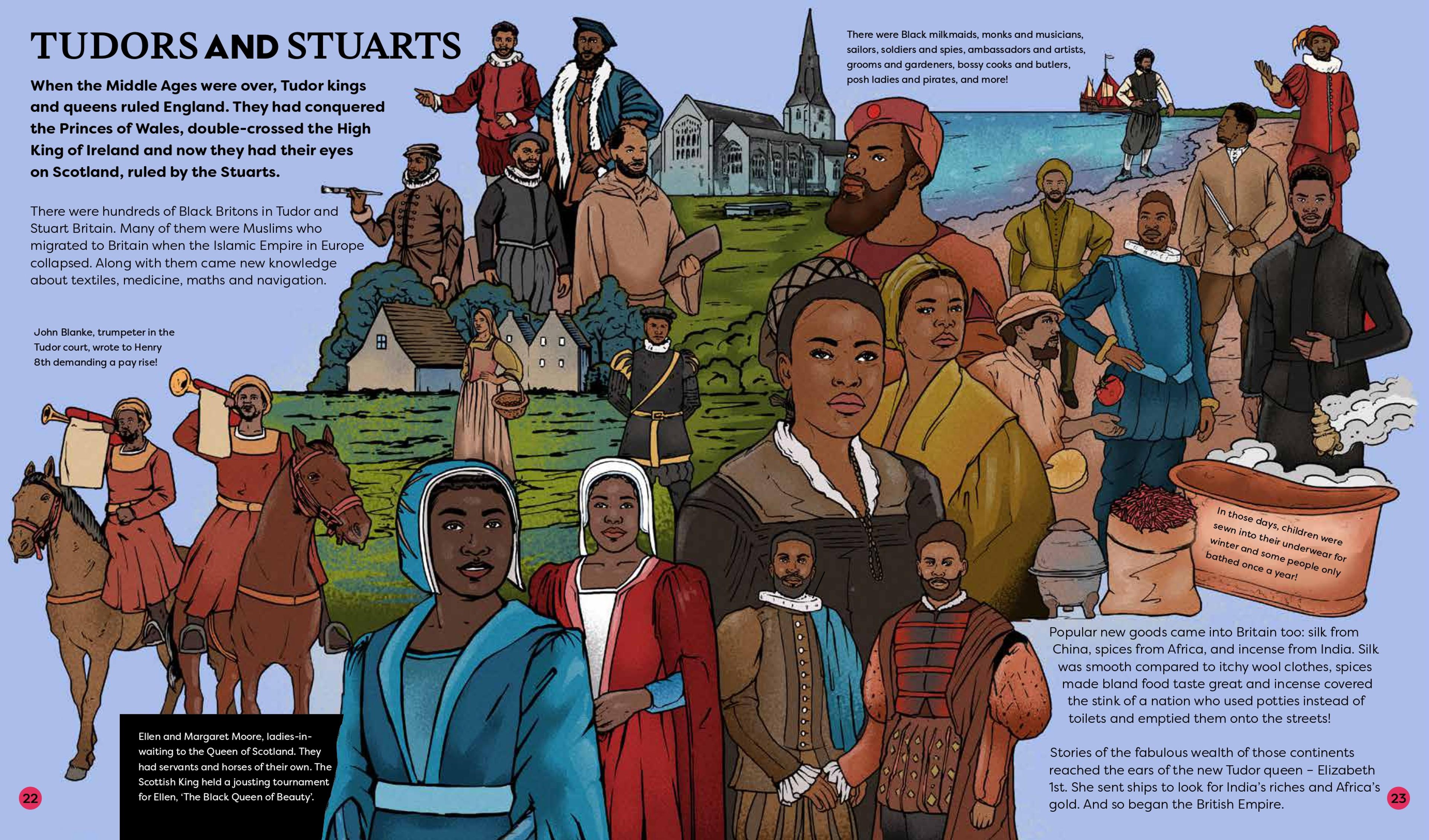 A spread from the book titled 'Tudors and Stuarts', featuring blocks of text and a brightly-coloured illustrated portraits