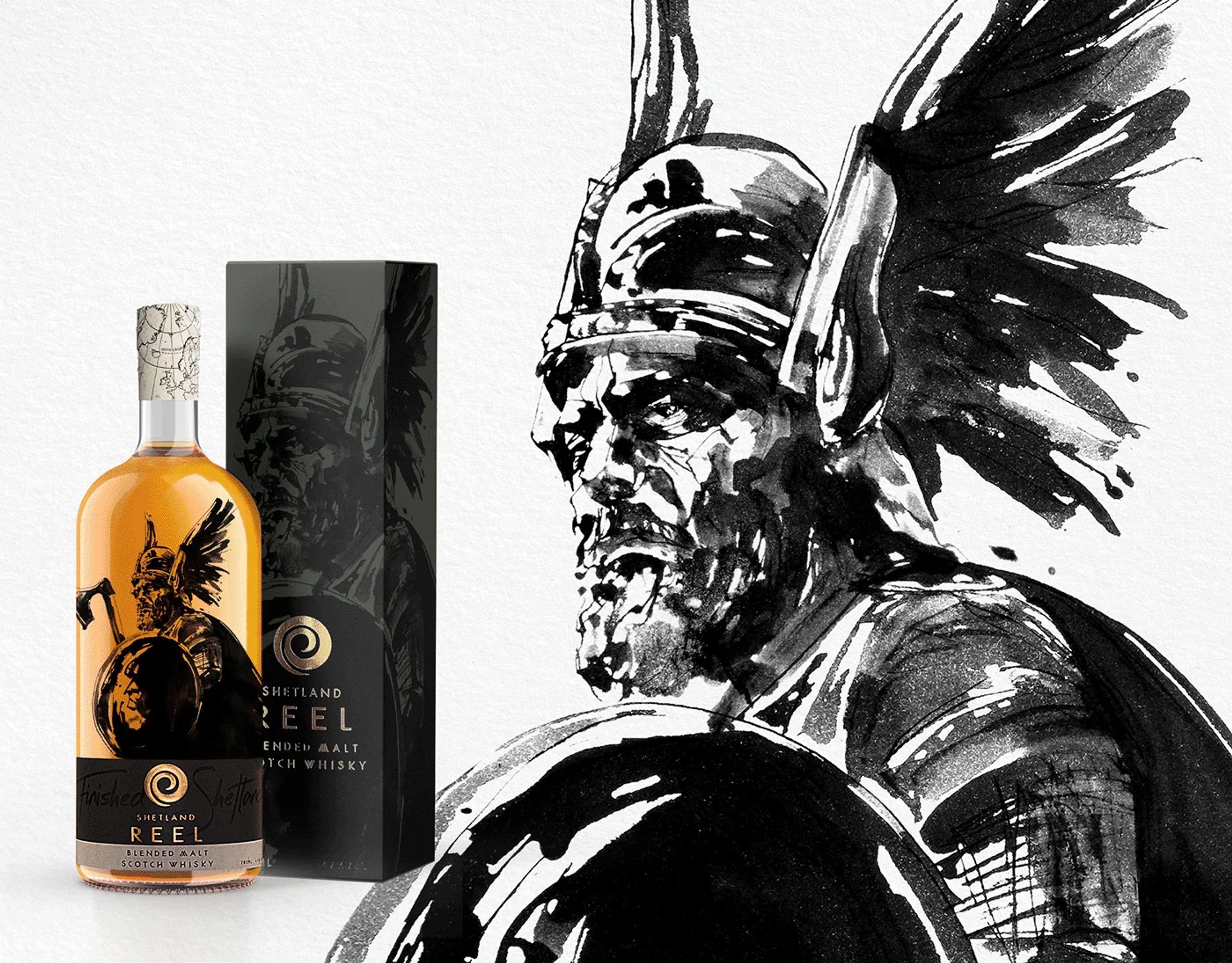 An animation showing 4 separate images: The label design for a bottle of whisky featuring an illustration of a warrior, an illustration of a red sports car, an illustration of a trumpet player, a photograph of person holding a piece of paper with an ink illustration on it 