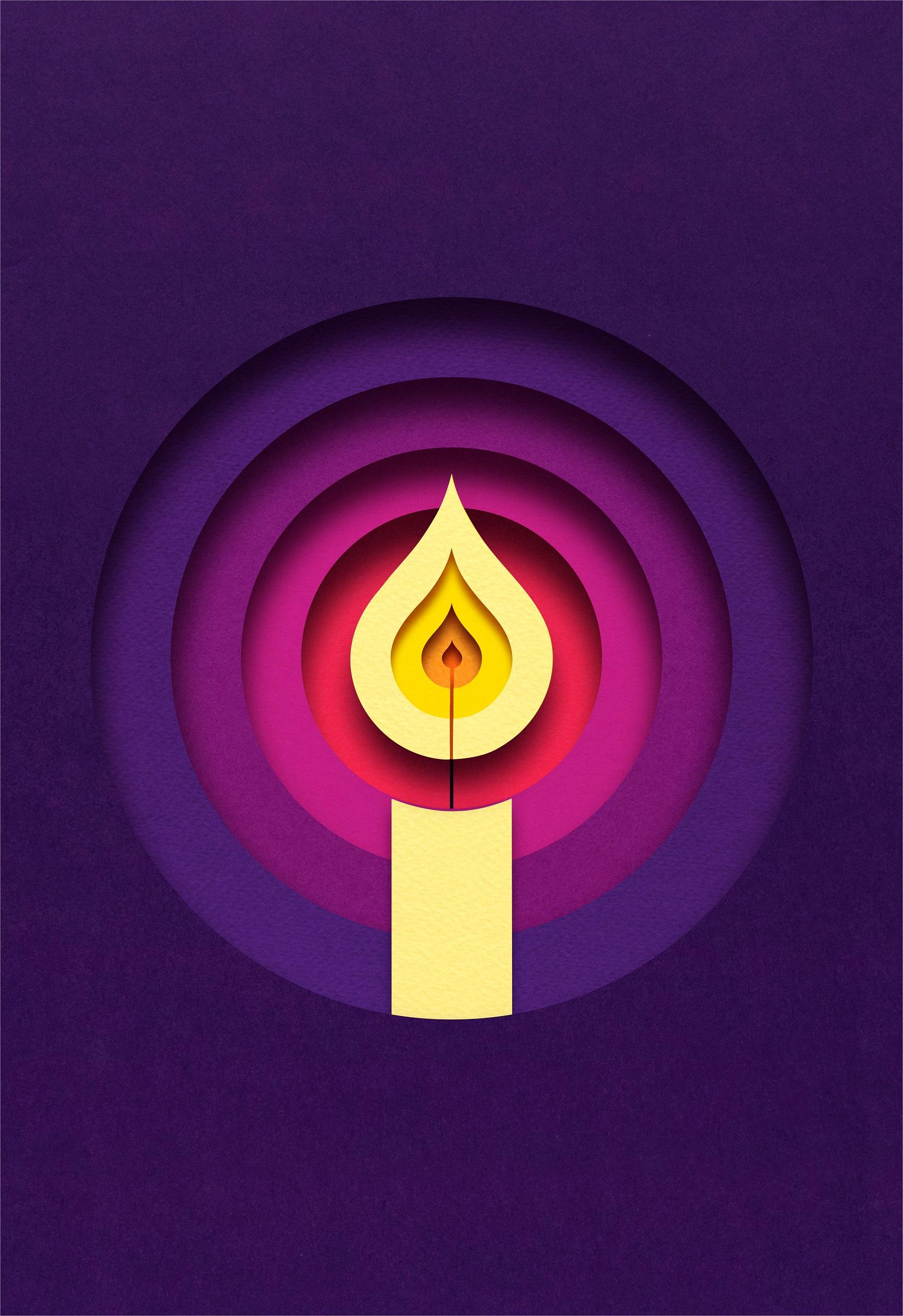 Collage of a yellow candle with concentric purple circles around it