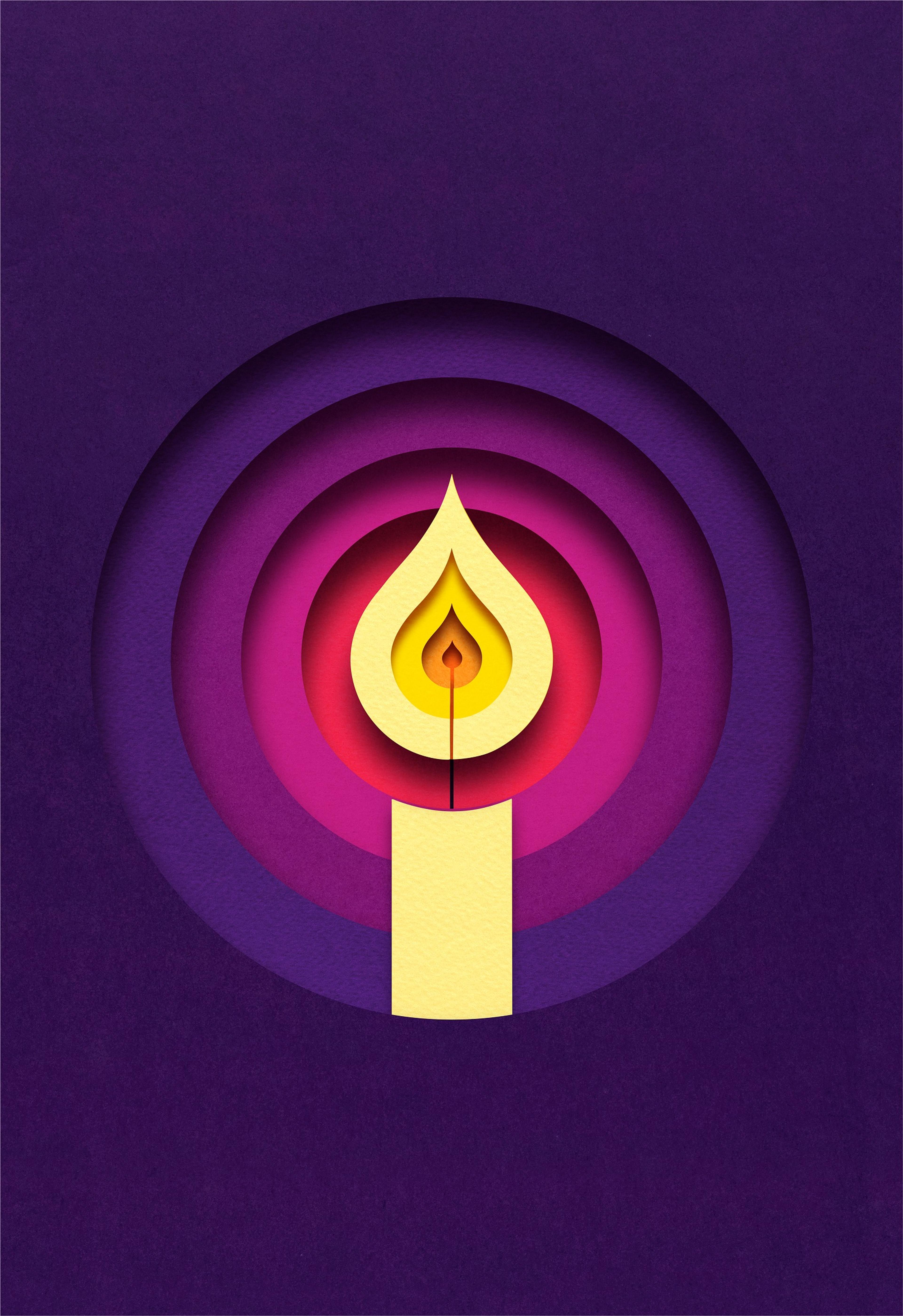 Illustration of a yellow candle with concentric purple circles behind, made from cut paper