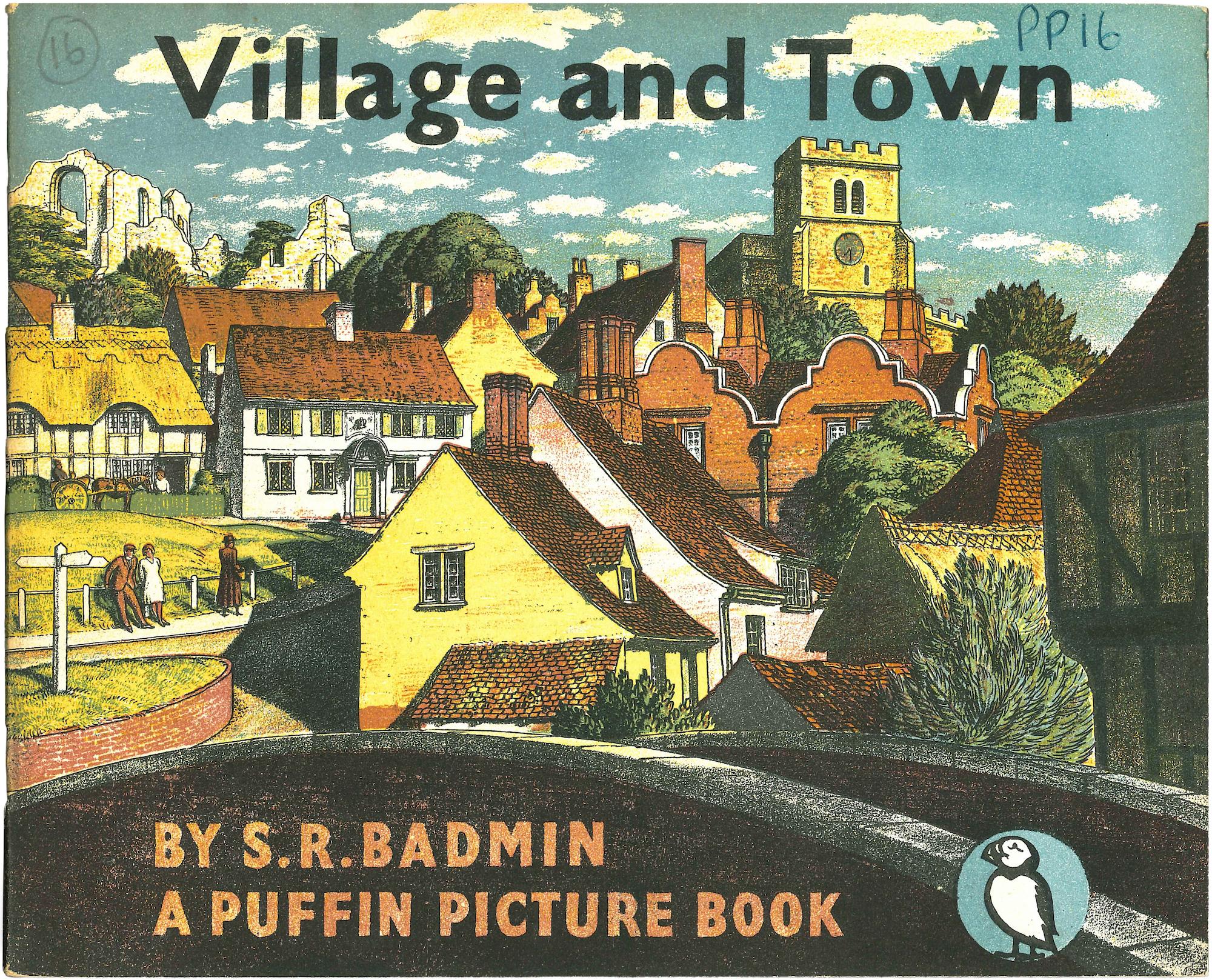 Scene of a village with Tudor cottages, ruins and a church tower