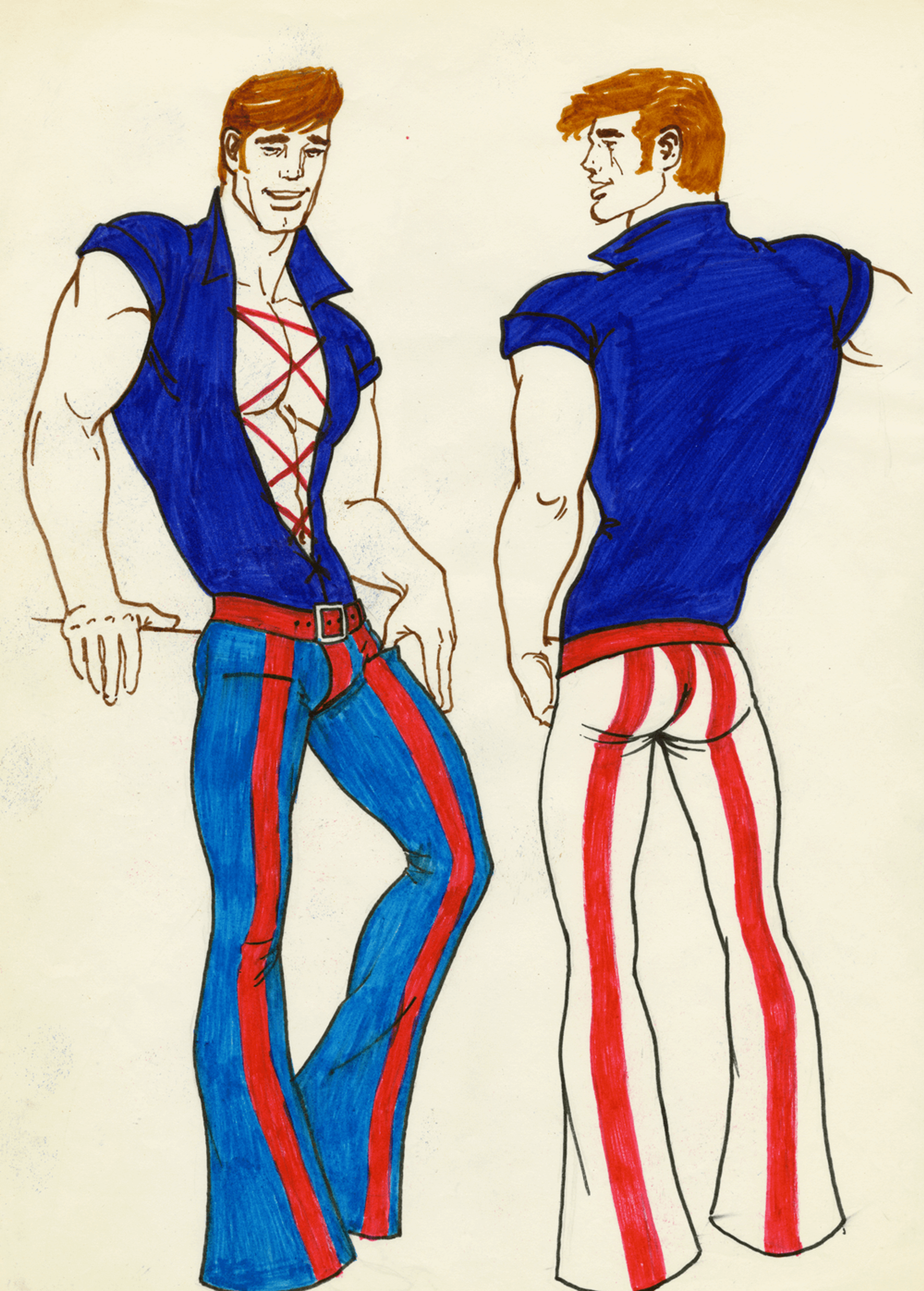 Illustration ofthe front and back view of a man in an open shirt and striped bellbottom trousers
