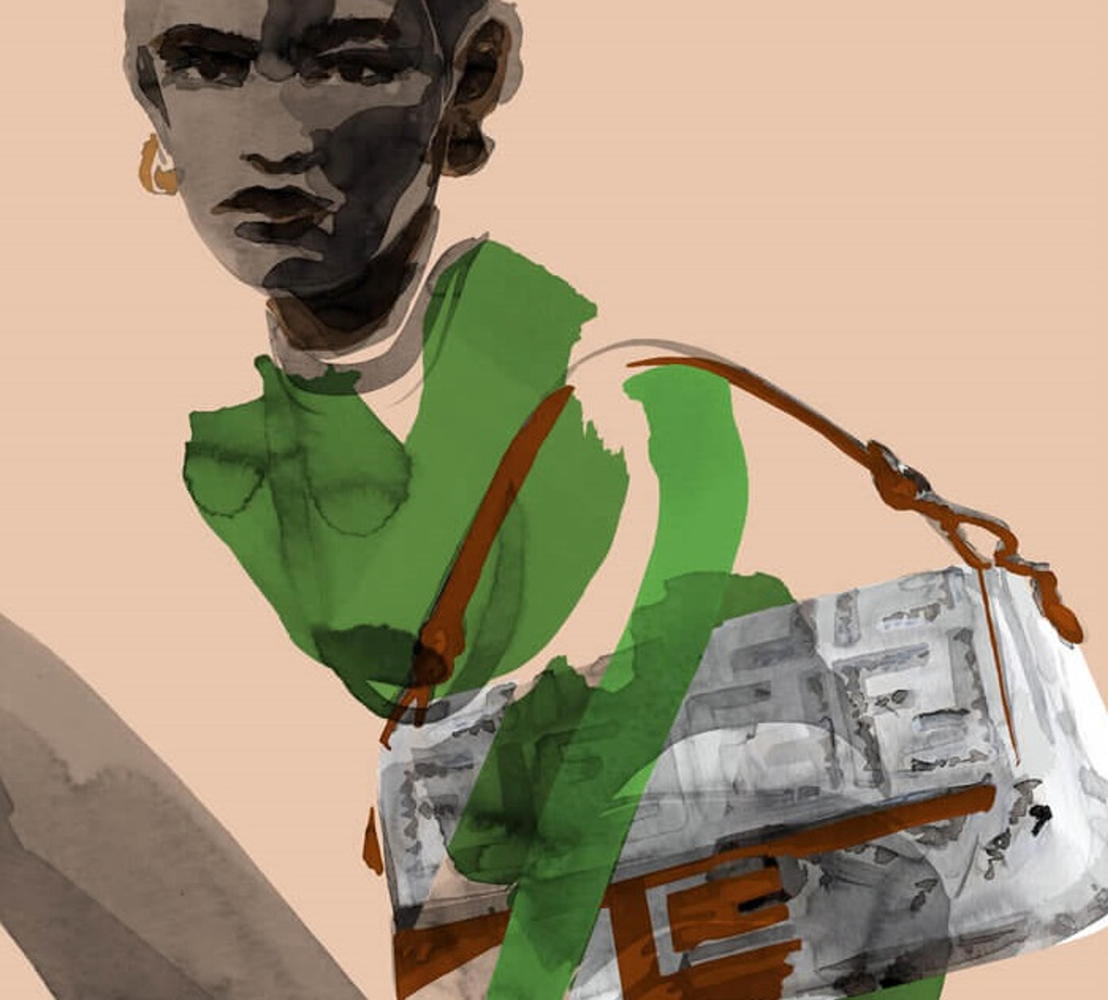 Painterly illustration of a model holding a handbag