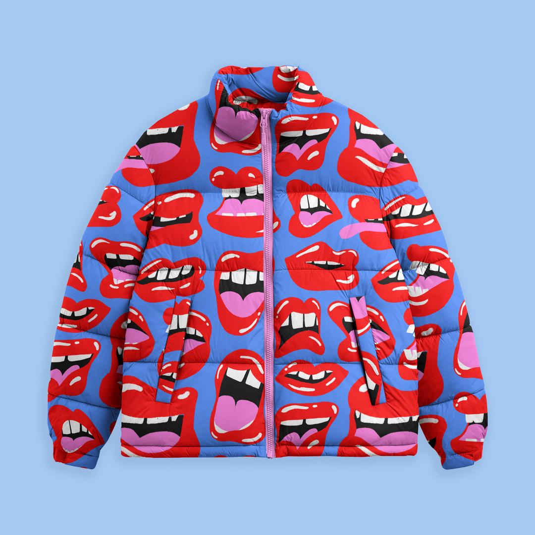 A puffer jacket with a bright and bold pattern of mouths in different positions.