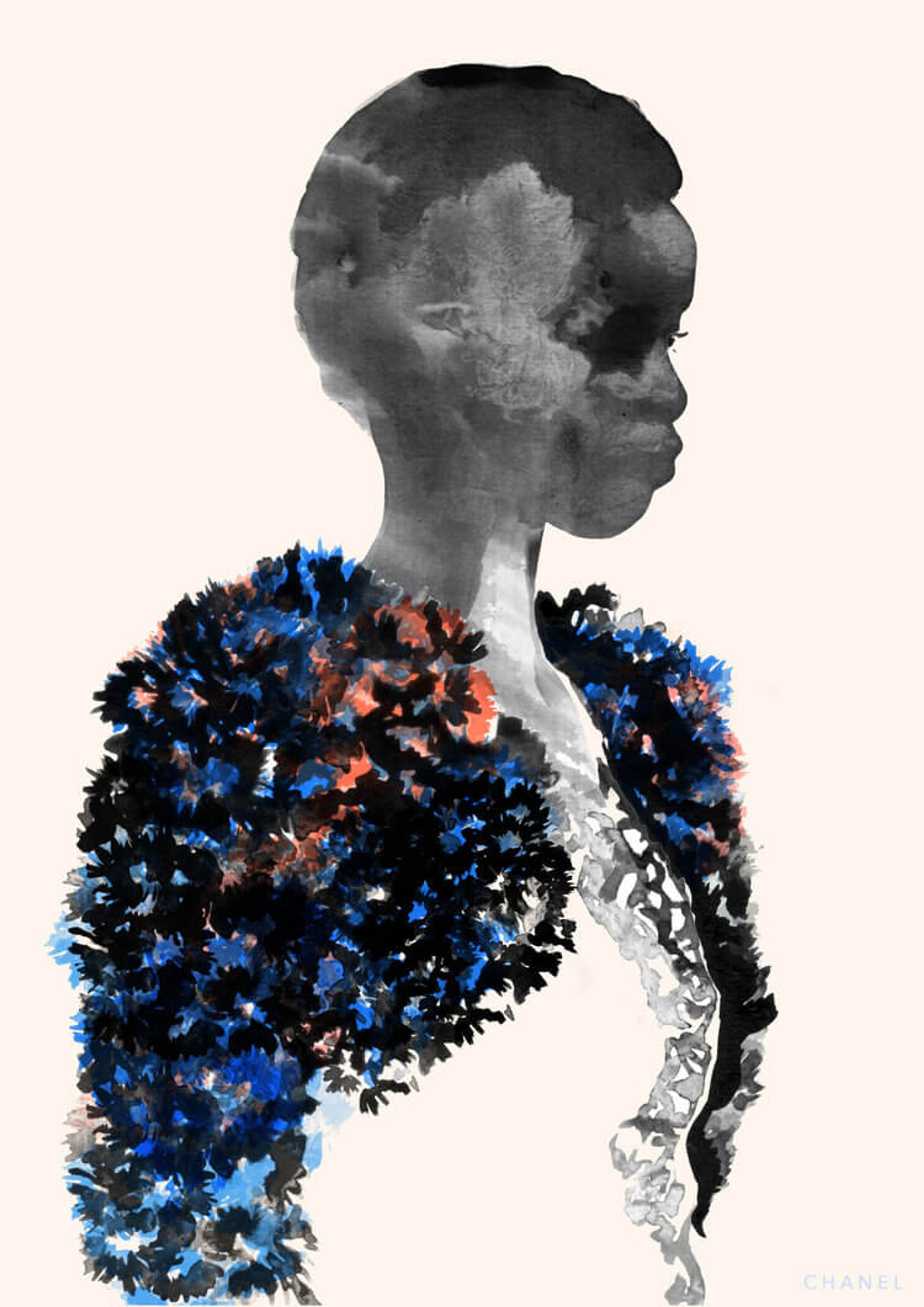 Illustration of a person wearing a fuzzy blue cardigan.
