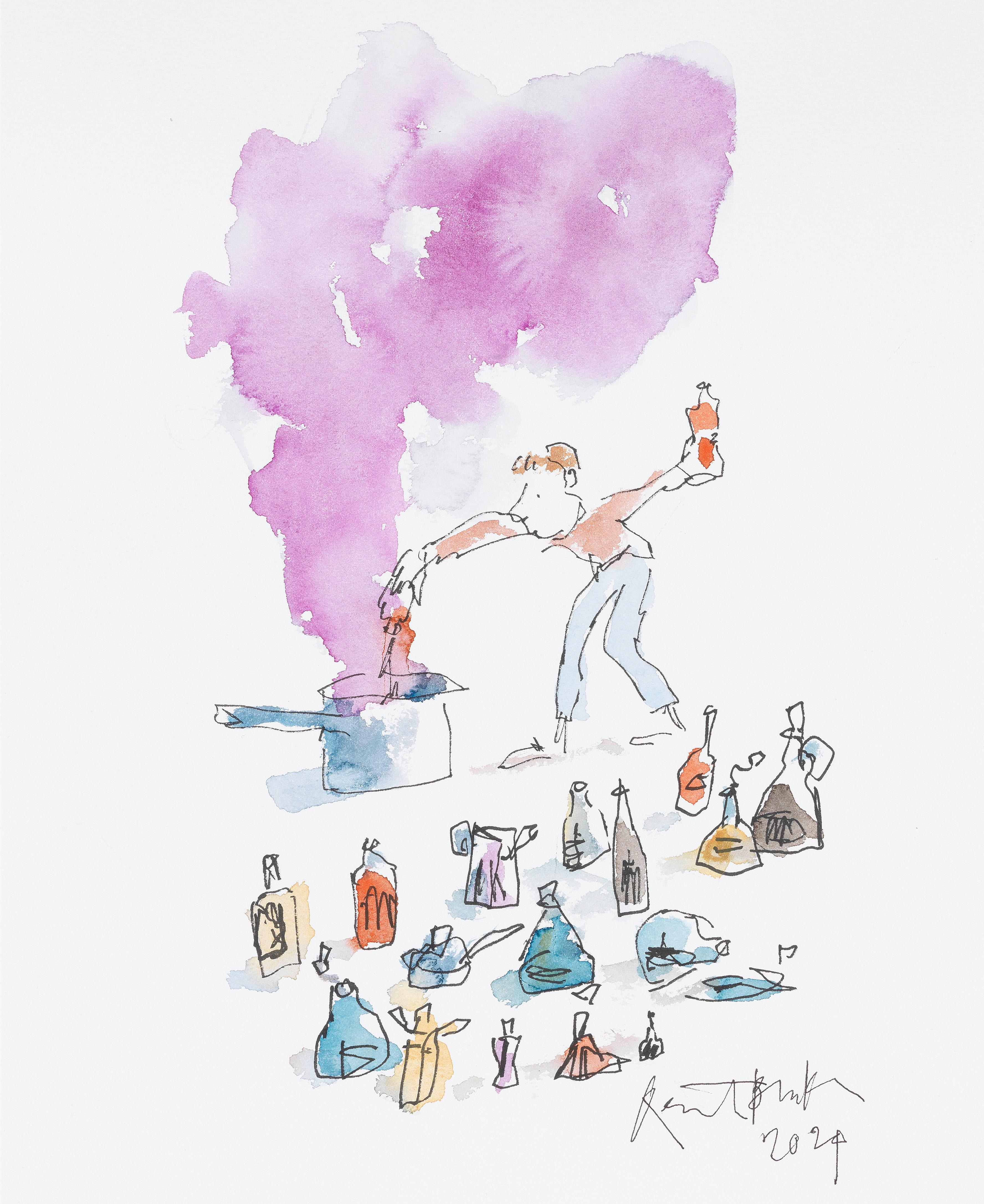 Illustration of a child surrounded by bottles, they are pouring the contents of one of the bottles into a big metal saucepan. Purple smoke is coming out of the pan.