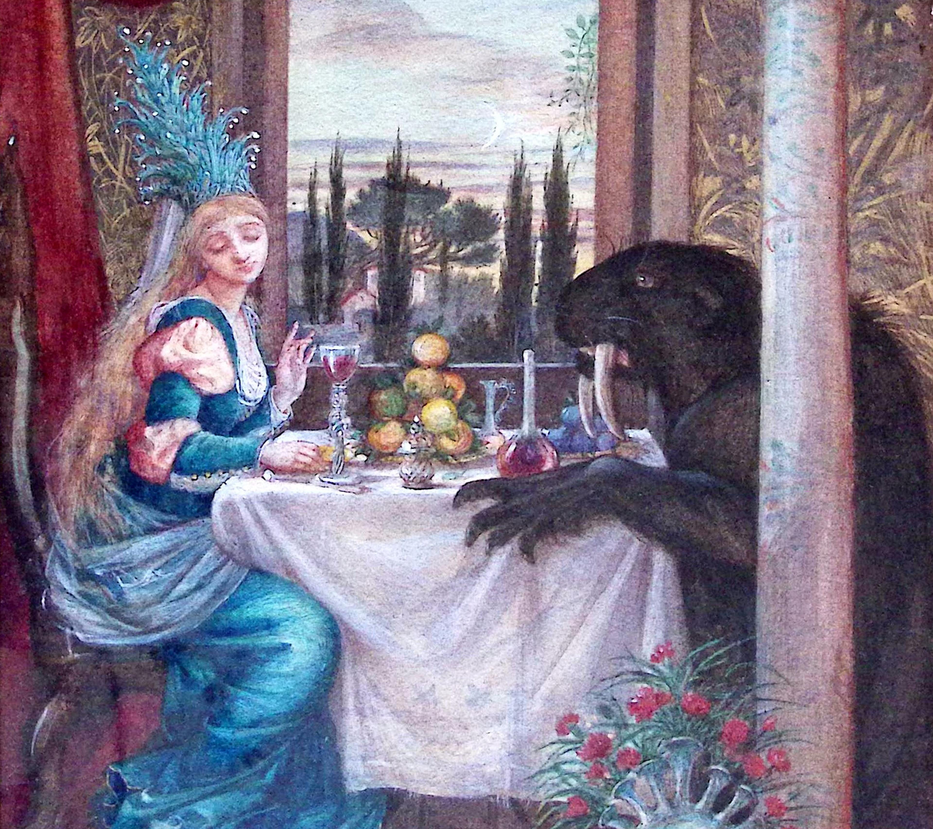 Painting of a woman in blue dress and headdress having dinner in front of a window with a black furry beast with long tusks like a walrus