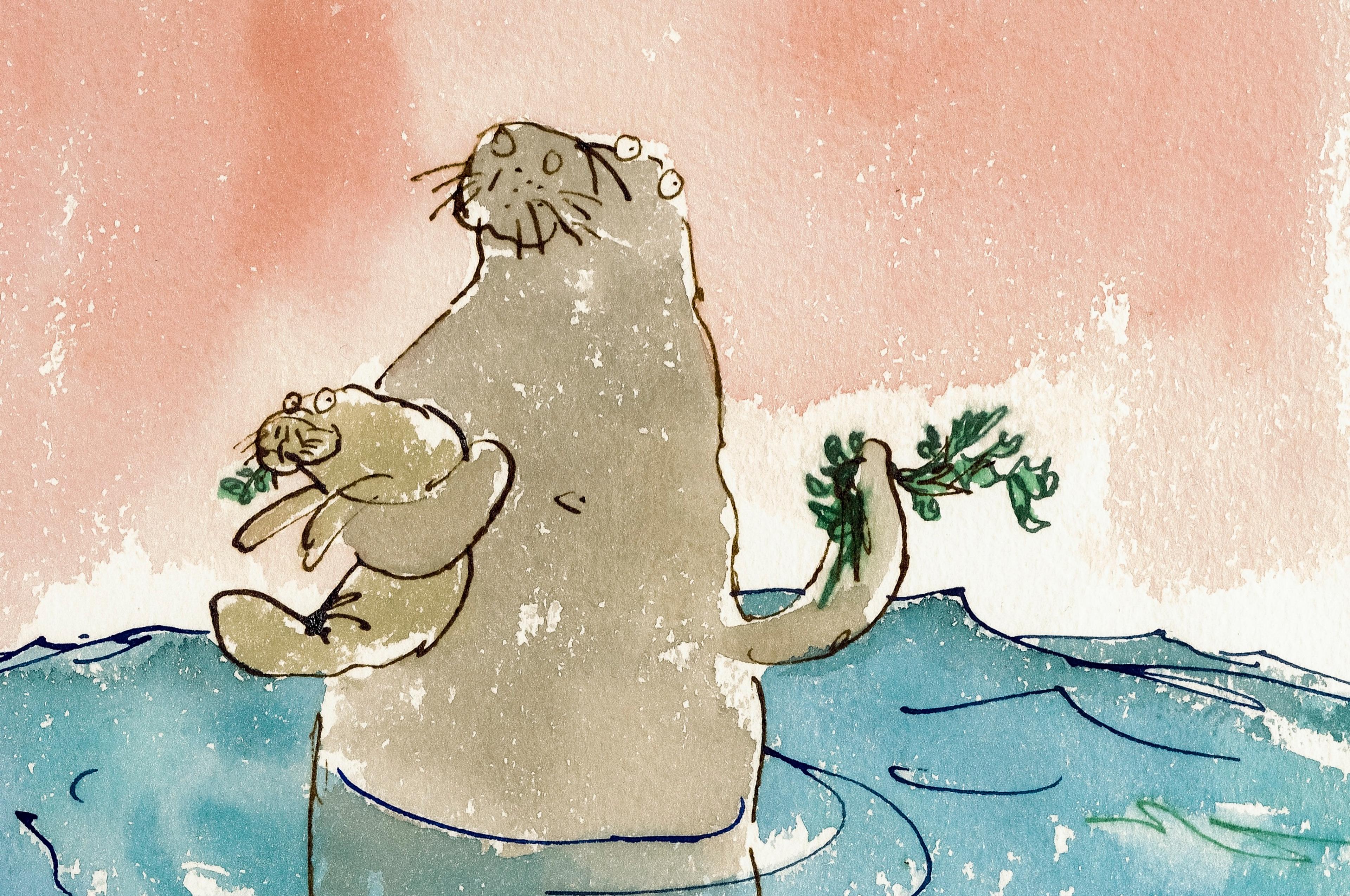 Illustration of a dugong with its head above water holding a dugong calf