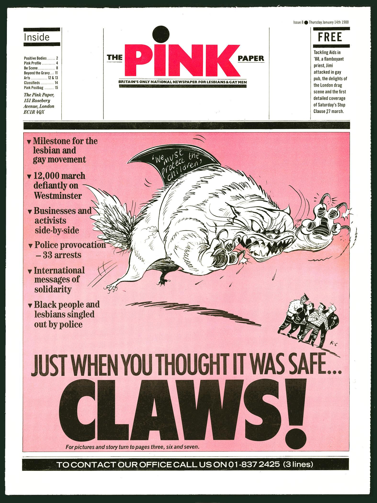 A frontpage of The Pink Paper newspaper. It lists short headlines, and on a pink background there is a drawing of a cat jumping towards the viewer.
