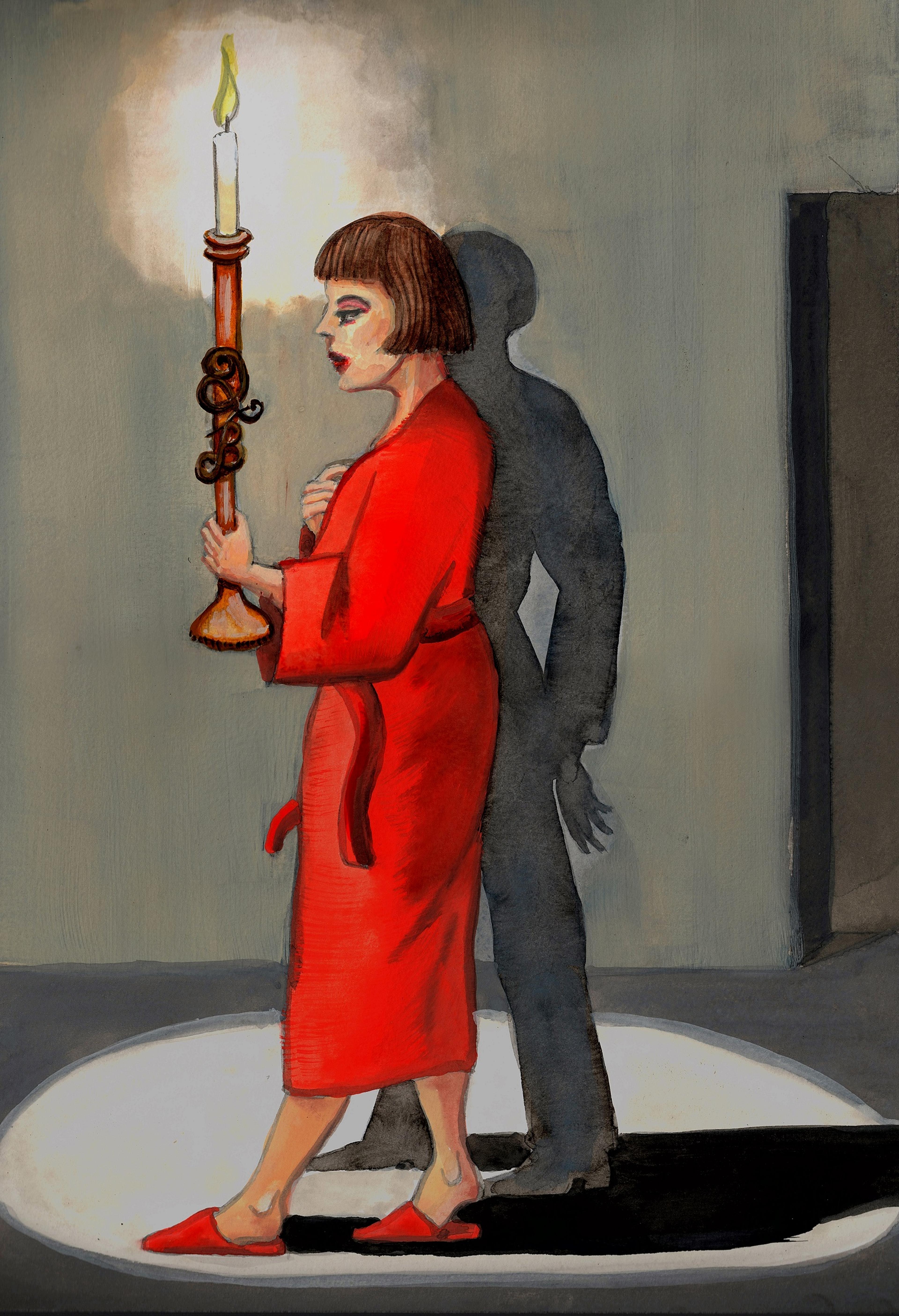 Illustration of a person in a red dressing down holding a candle stick with the letters 'QB' and a shadowy figure behind