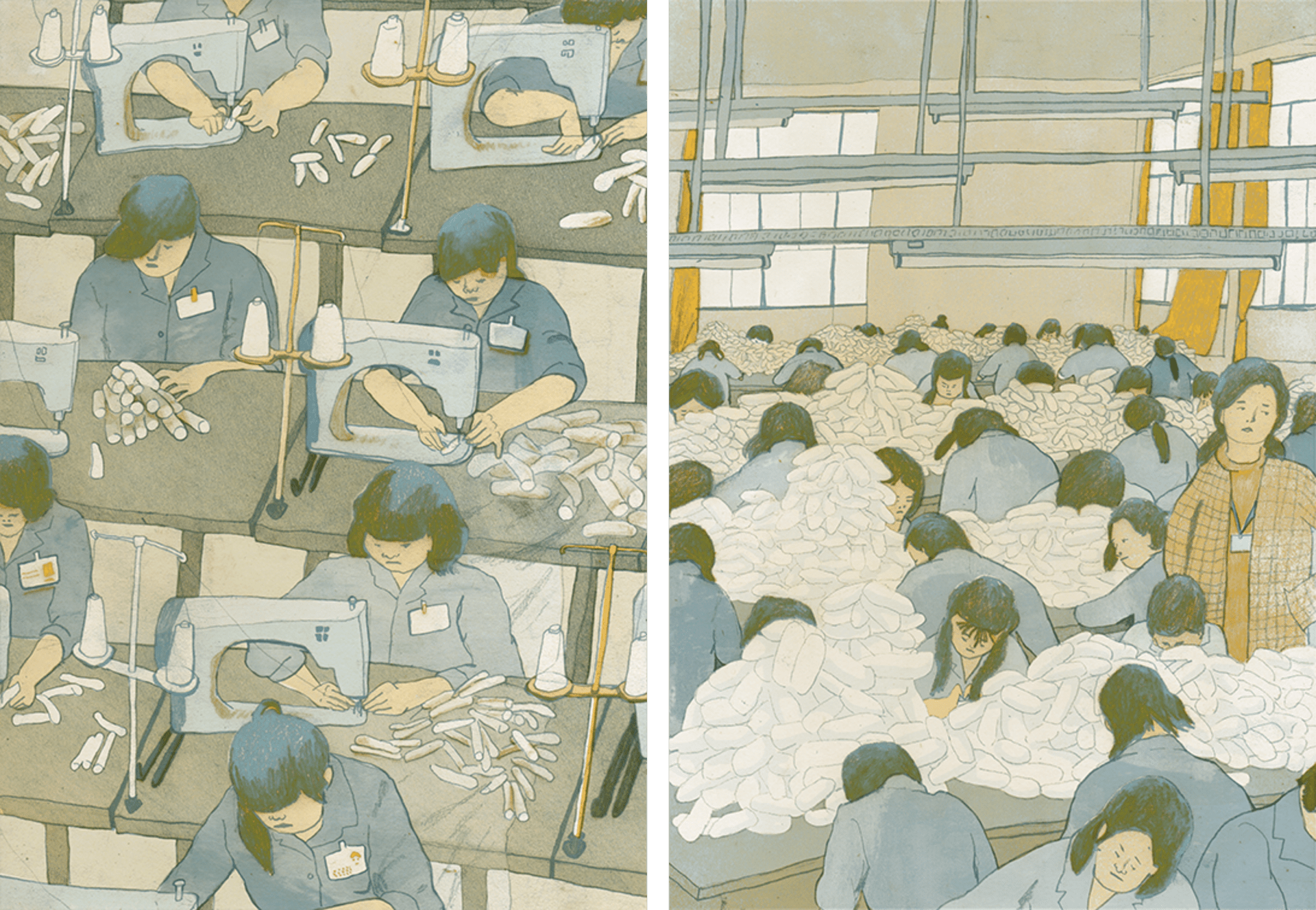 Illustration of women working in textile factory.