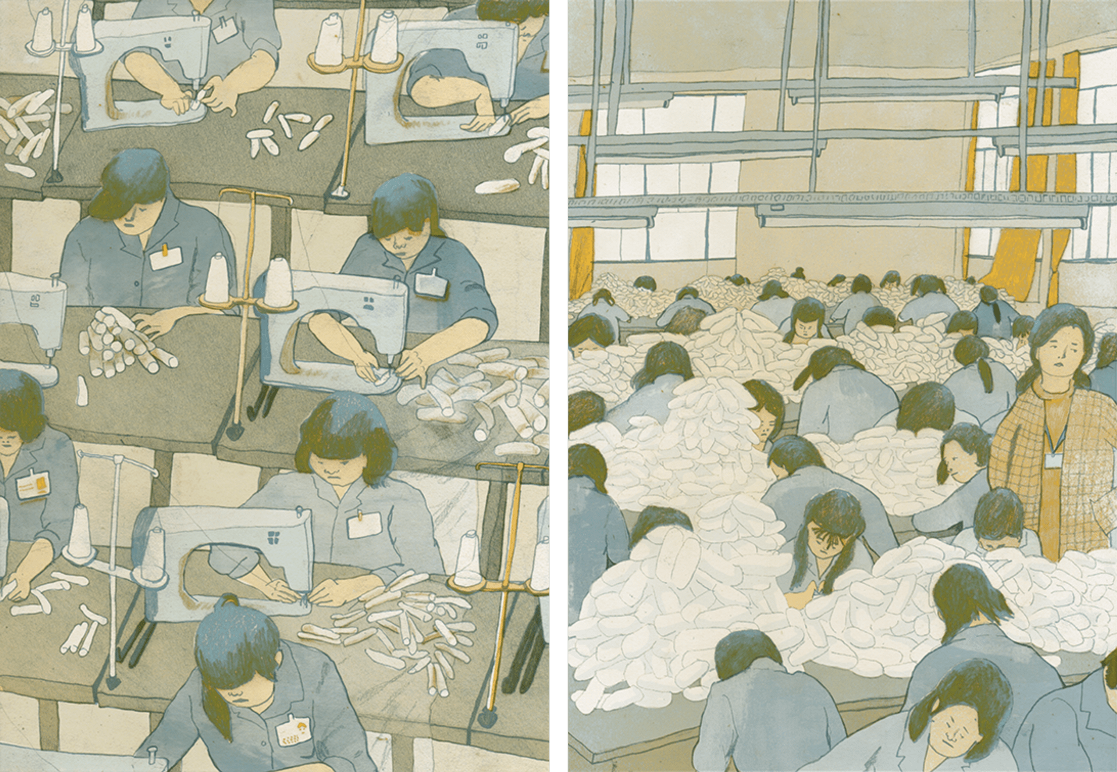 Illustration of women working in textile factory.
