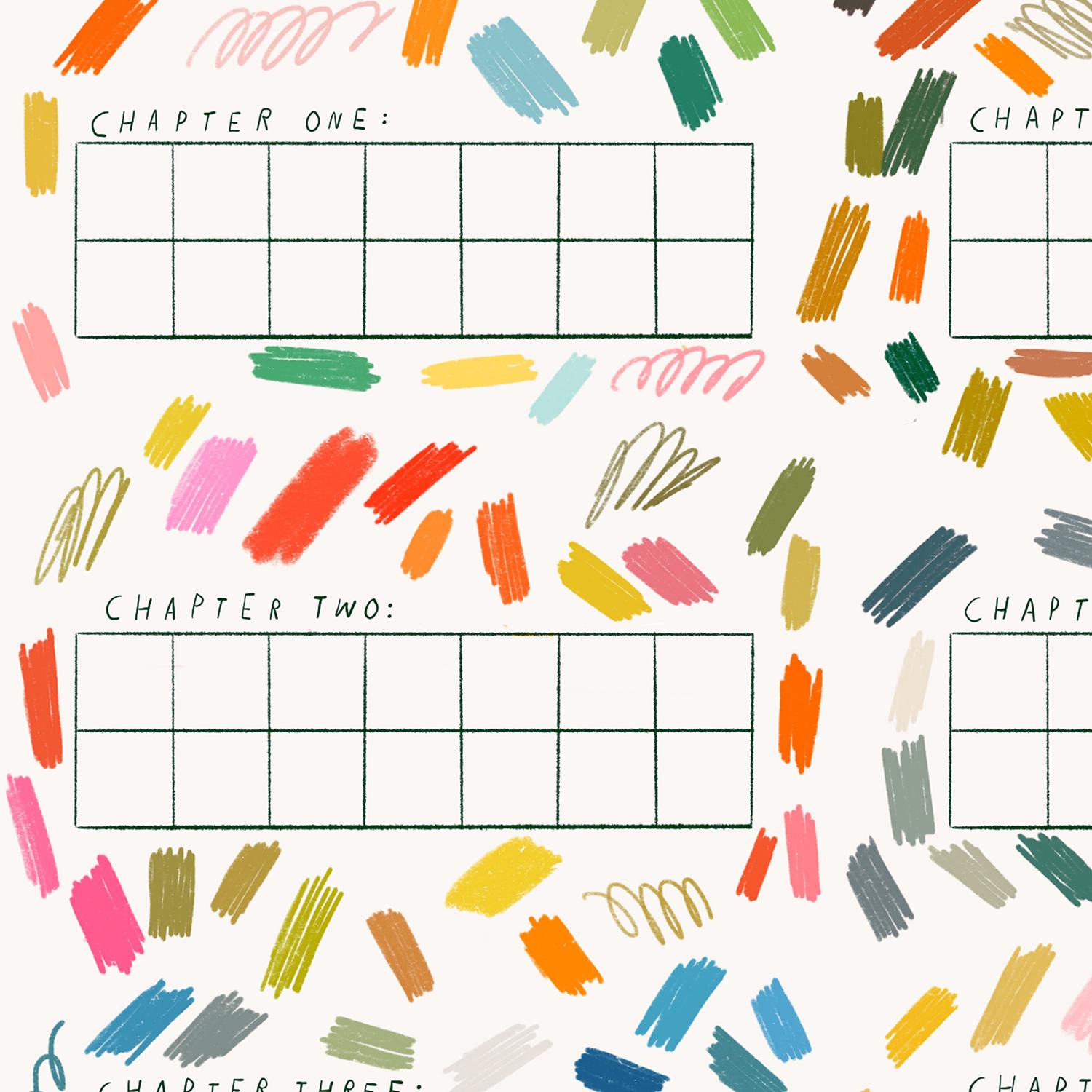 Colour palette grids featuring numerous vibrant marks in a variety of colours