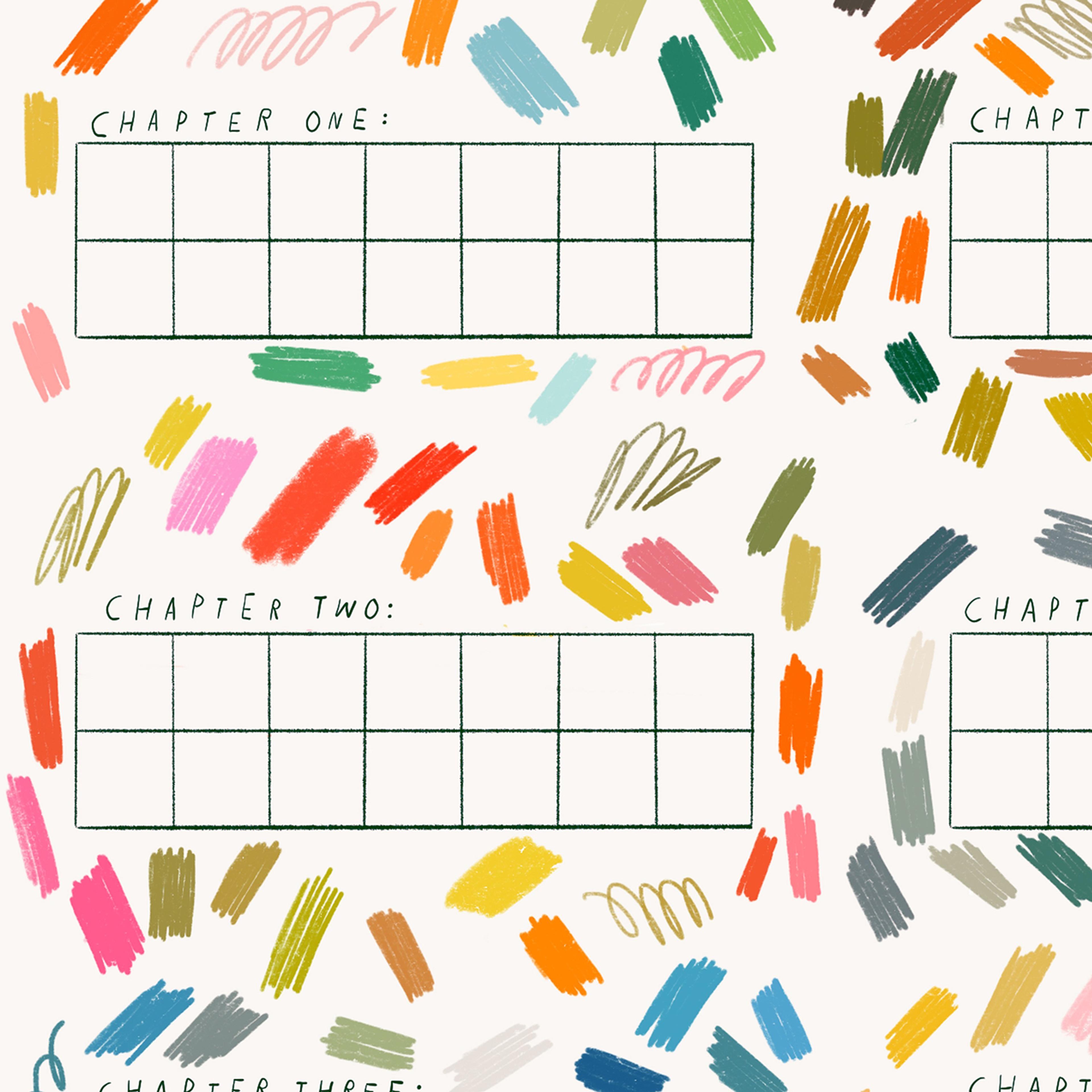 Colour palette grids featuring numerous vibrant marks in a variety of colours