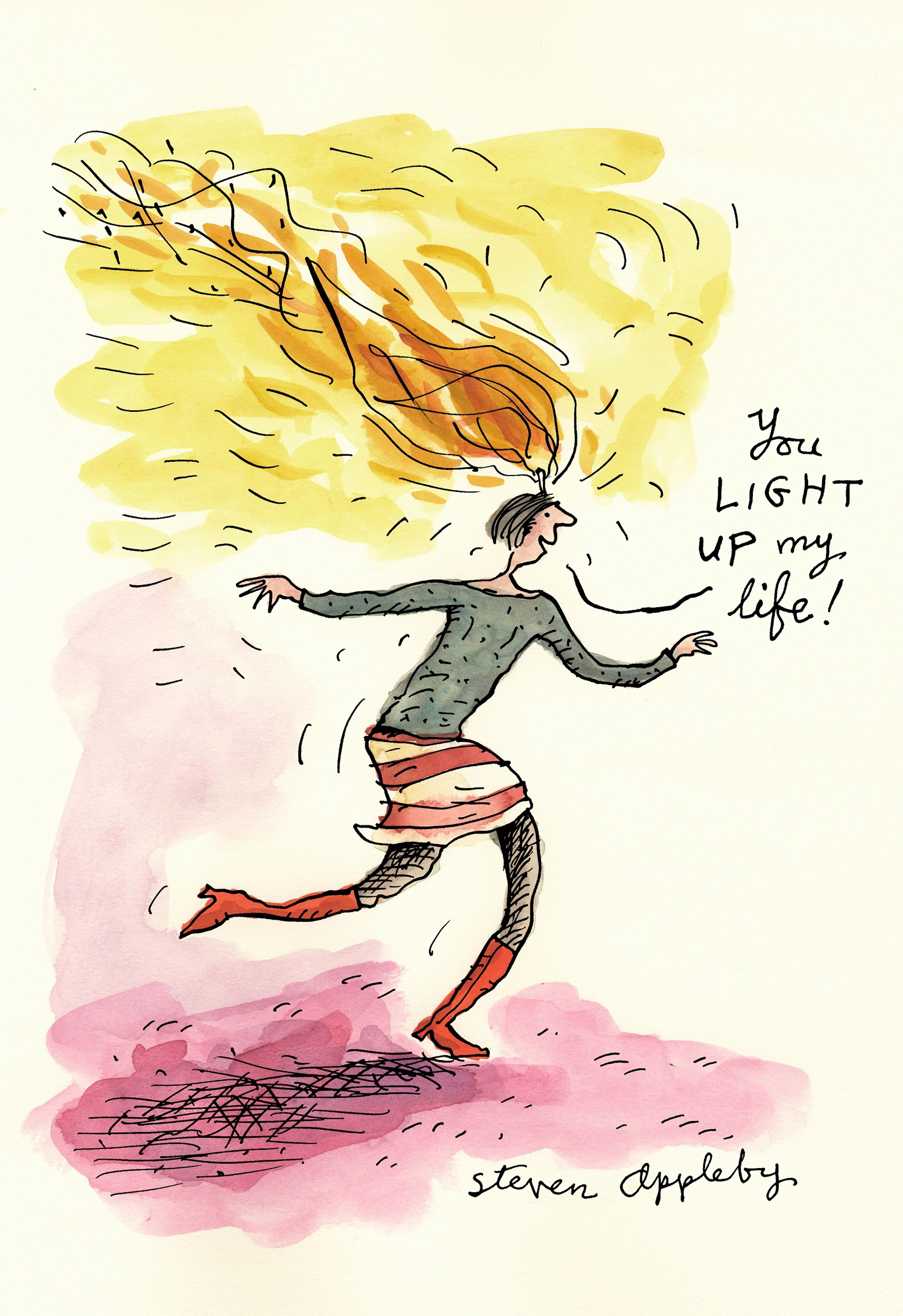 Illustration of a person with a candle on their head with the words: You LIGHT UP my life
