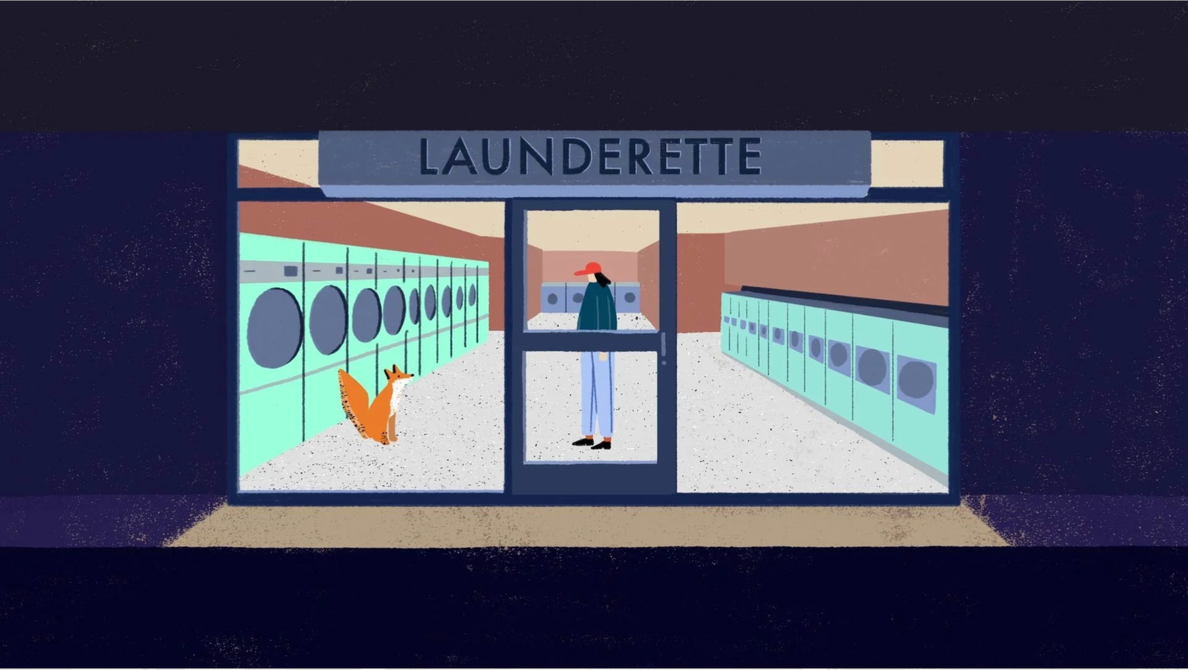 A fox sits on the floor of a launderette, looking towards rows of washing machines and a person standing in the doorway.