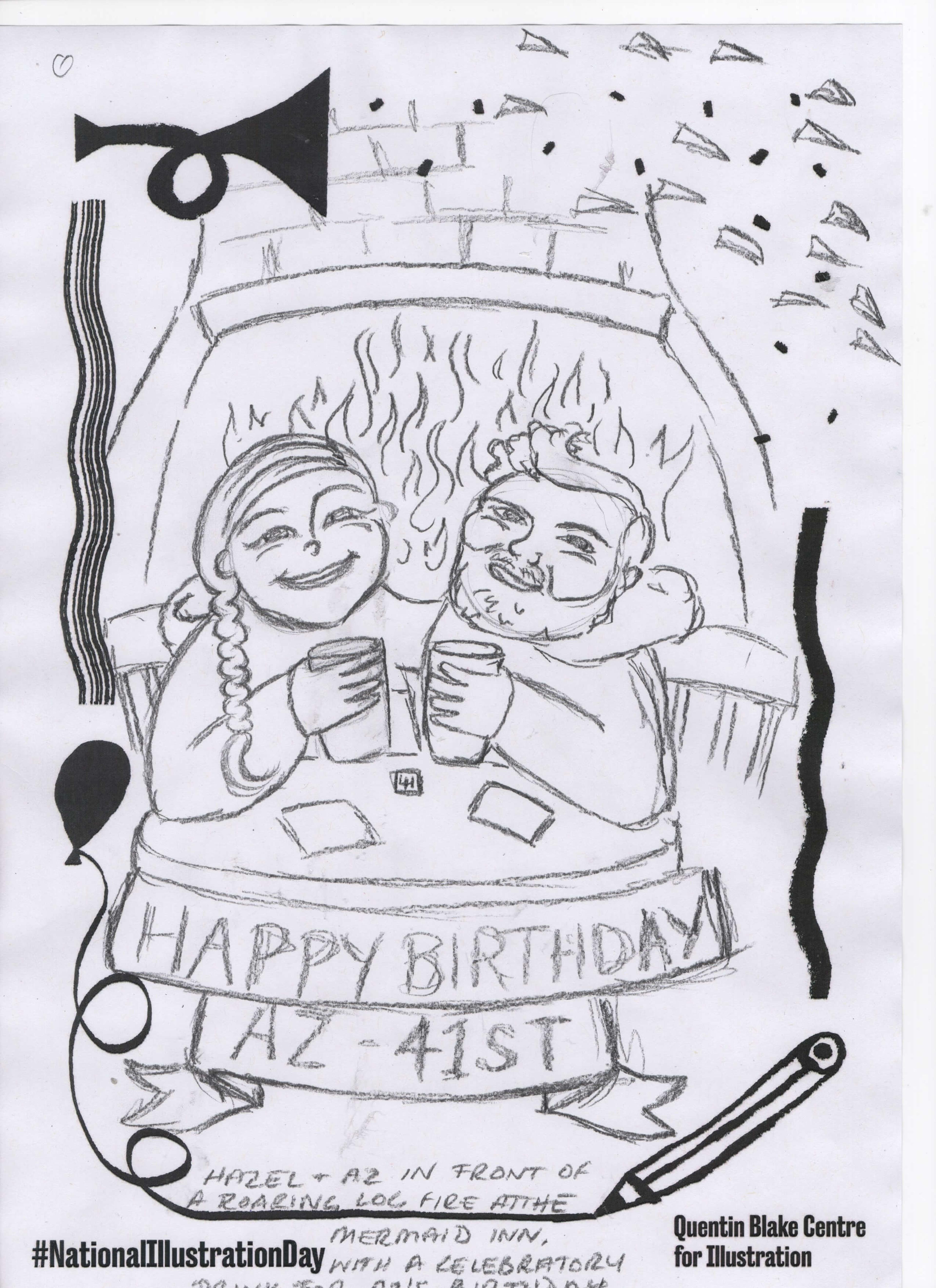 Illustration of two adults holding celebratory mugs as a fire roars in the background. The picture includes the words "Happy Birthday Az - 41st" and a description of what the picture depicts.