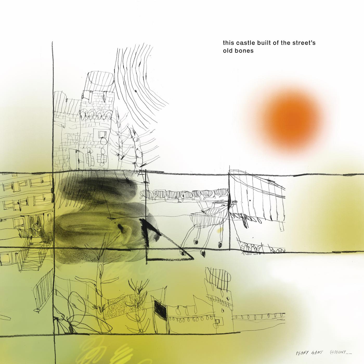 Expressive illustration of a streetscape with fragments of a castle, trees, shopping trolleys and fencing with the words 'this castle built of the street's old bones'