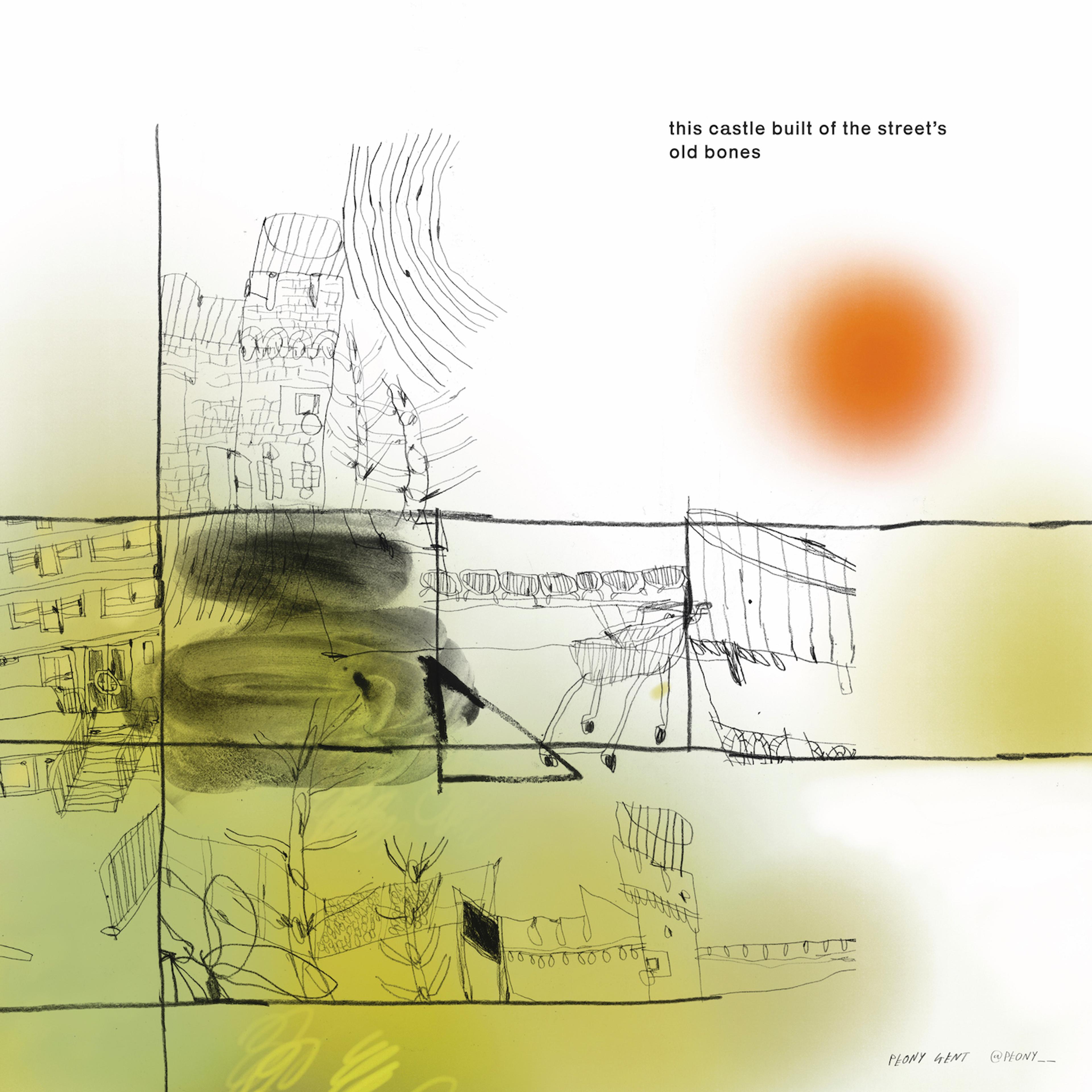 Expressive illustration of a streetscape with fragments of a castle, trees, shopping trolleys and fencing with the words 'this castle built of the street's old bones'