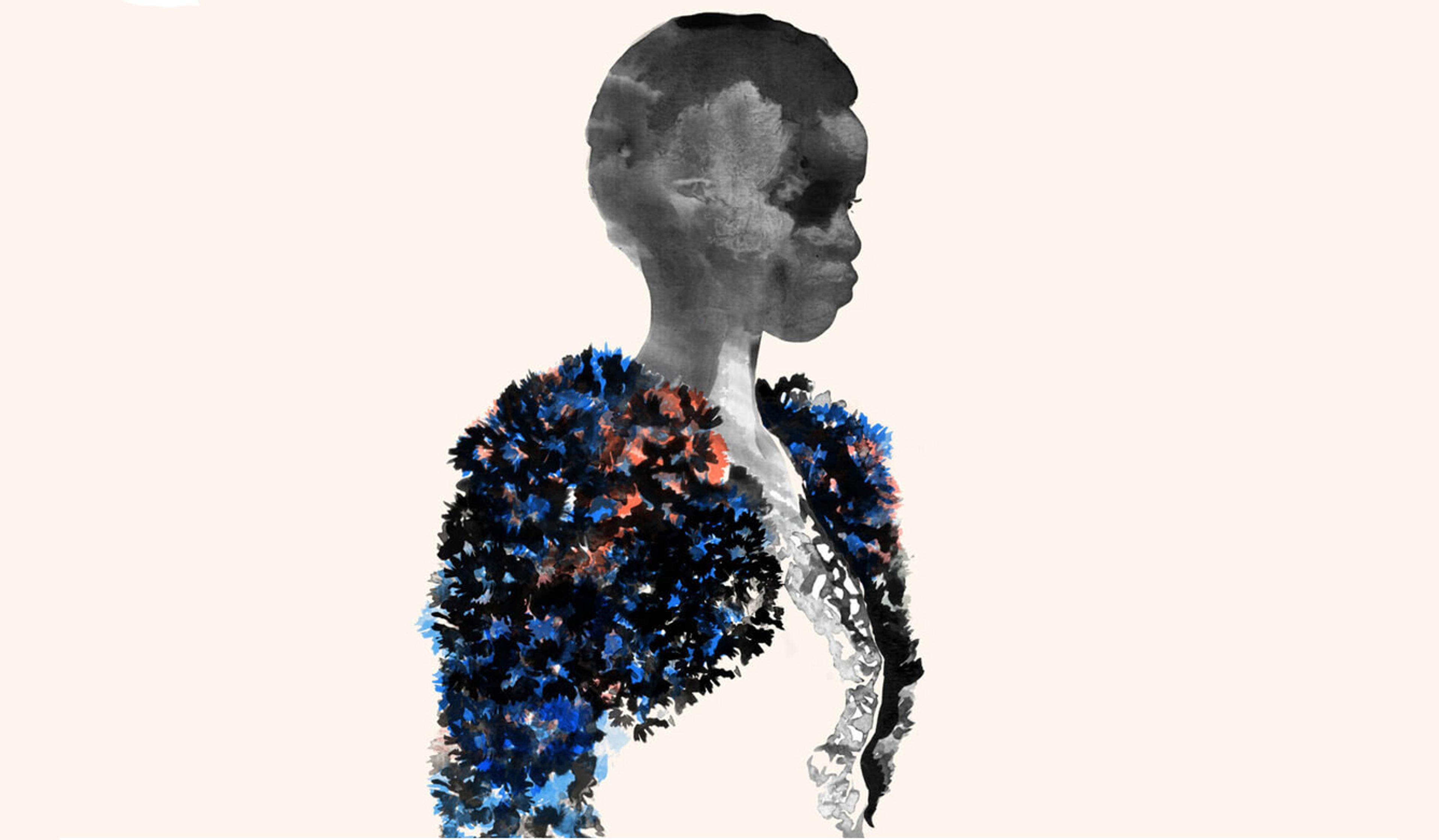 Illustration of a person wearing a fuzzy blue cardigan.