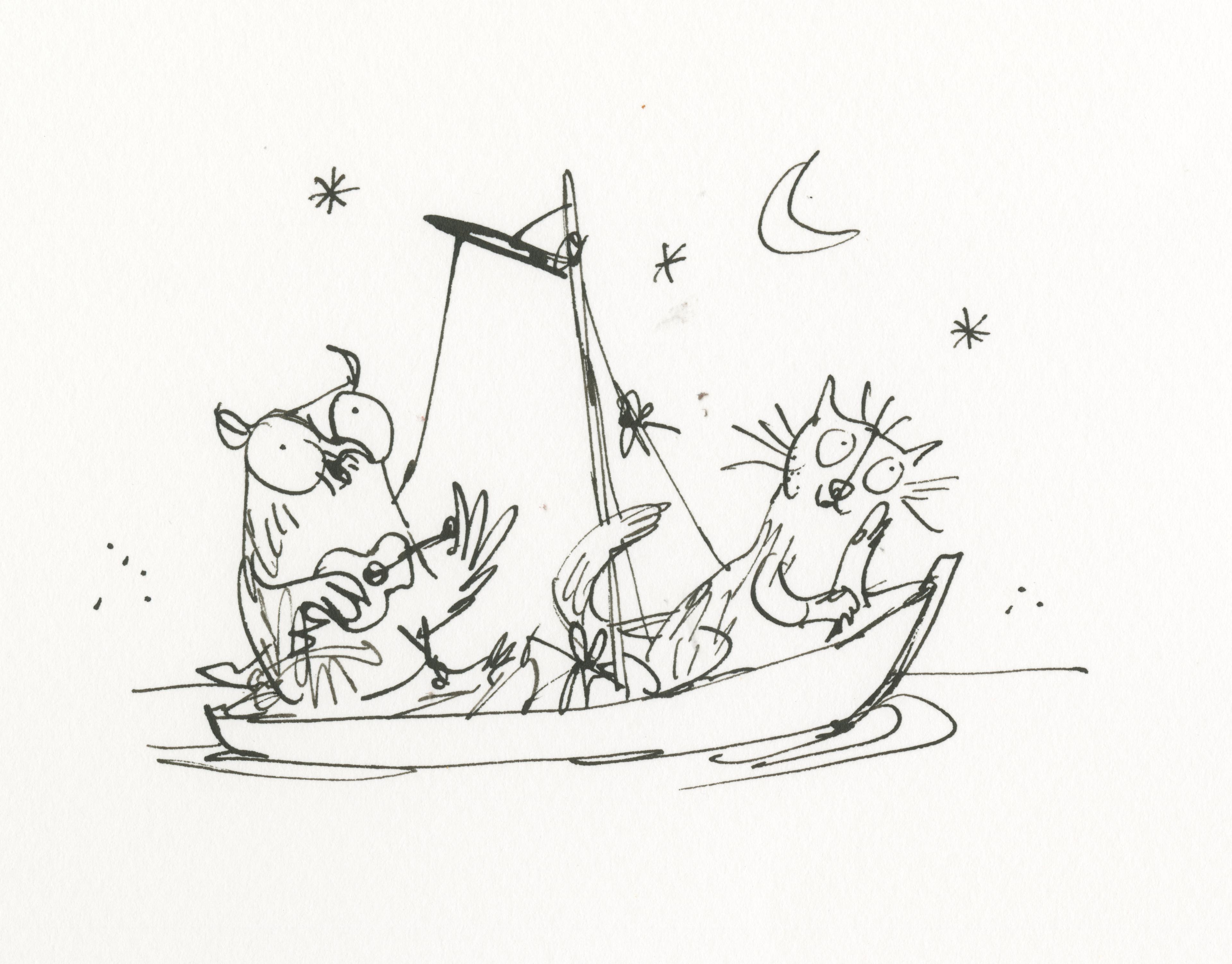 Illustration of an owl and a cat sitting in a small boat with sails, there are some ripples in the water around the boat. Some stars and the moon are in the background. The owl is playing a small guitar, and the cat is looking into the distance with its head resting on one of its paws.